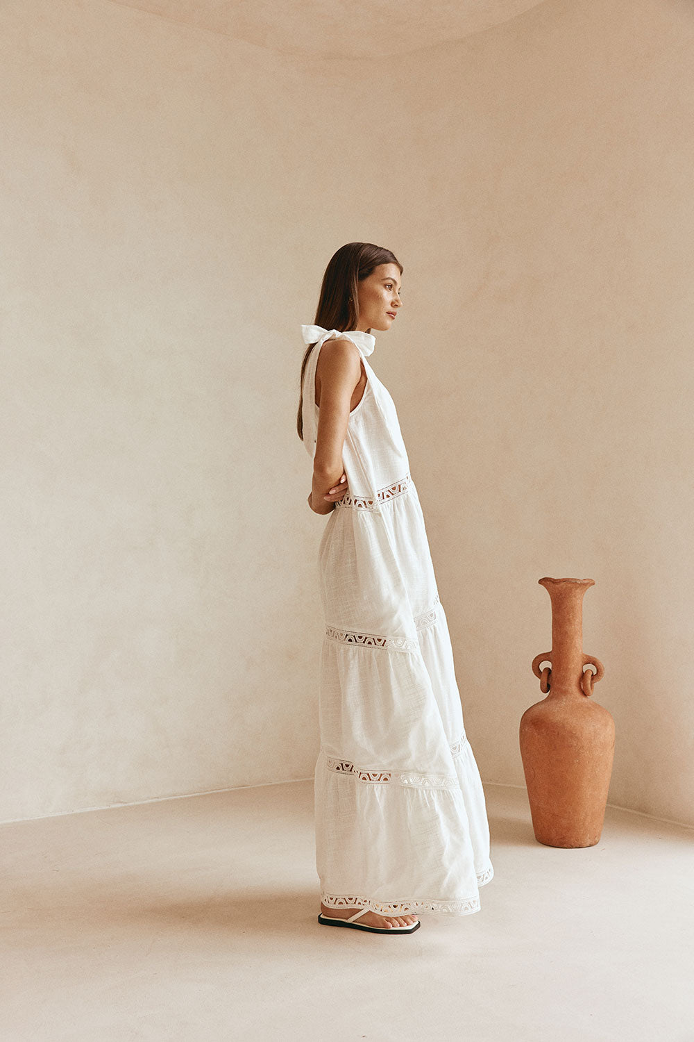 White Cotton One Shoulder Flouncy Maxi Juliette Dress M
