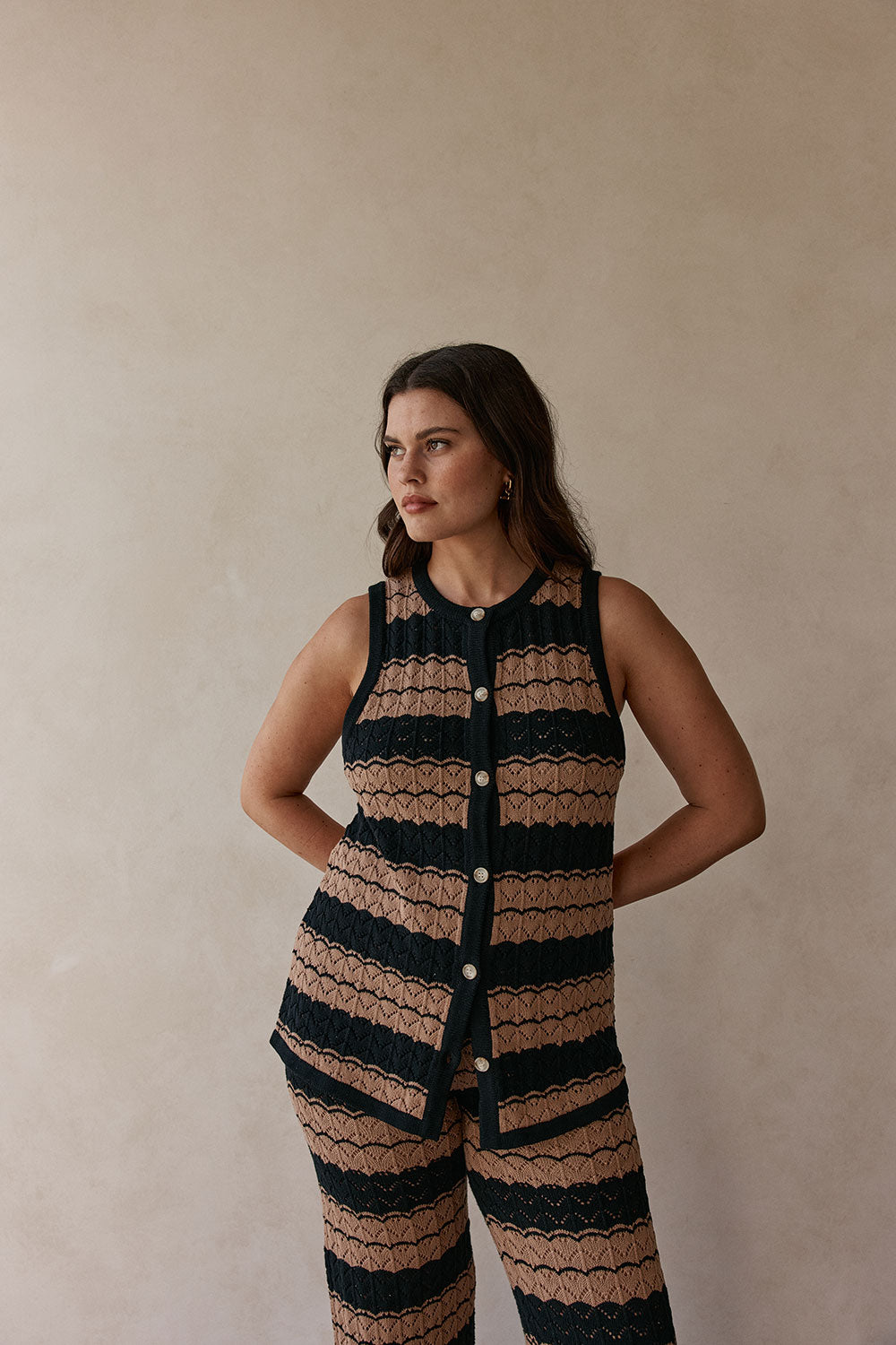 Tan and Black Stripe Knit Button Up Zhara Top – SABO