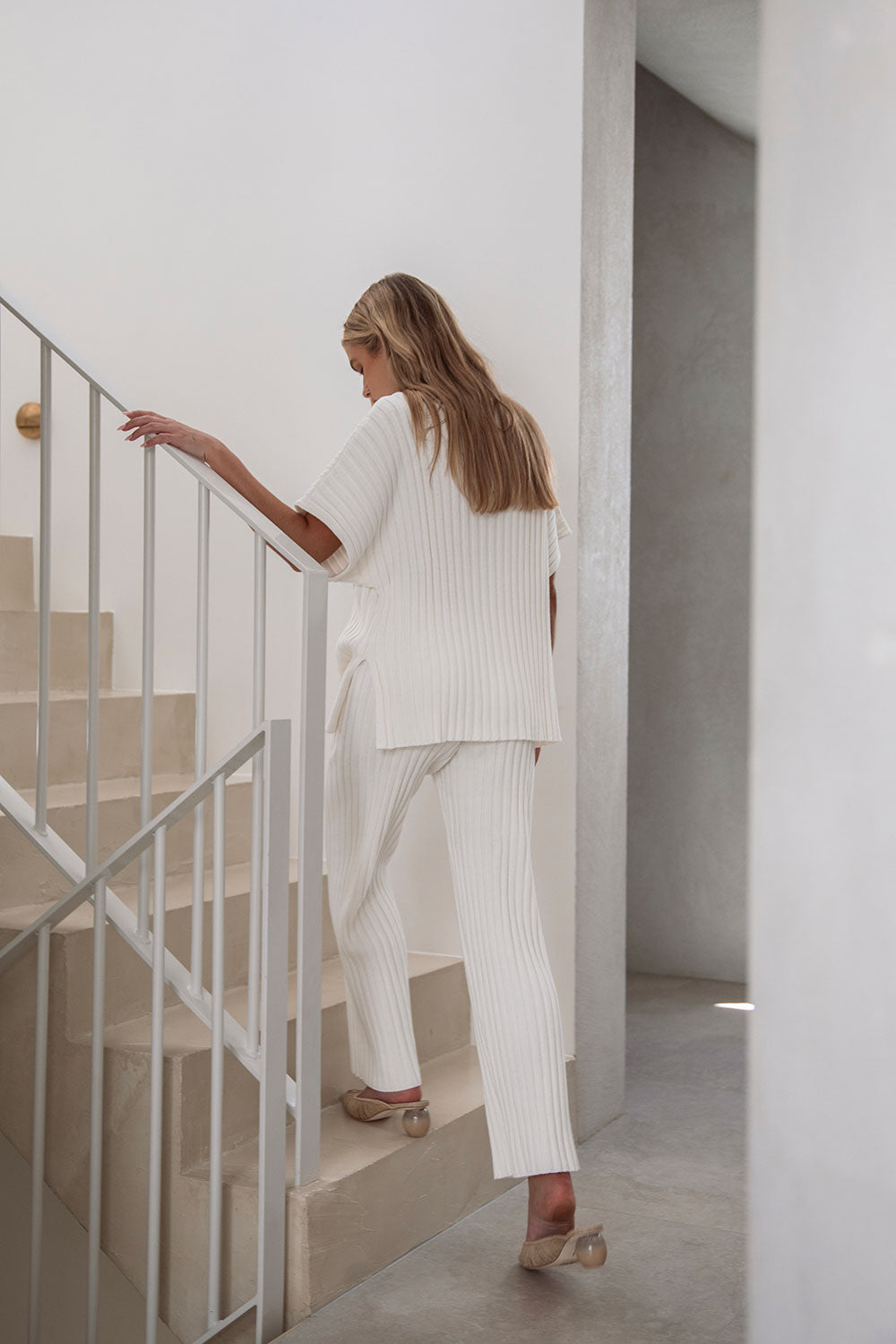 White Ribbed Knit High Waist Elastic Celine Pants – SABO