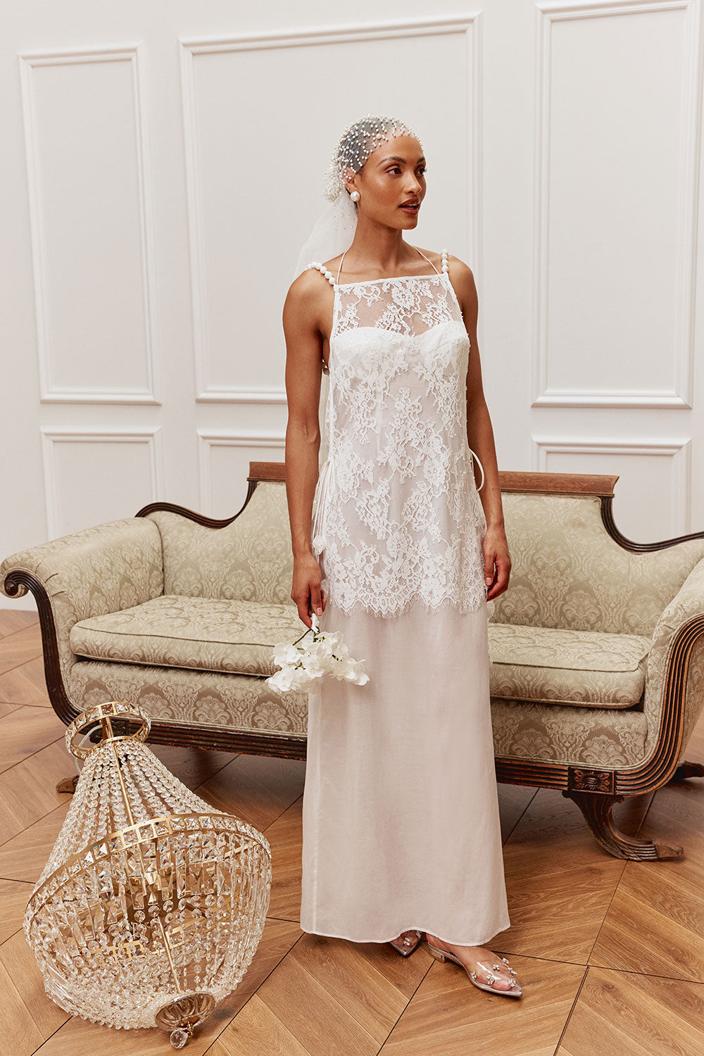 white maxi wedding dress Bridal White Silky Lace Maxi Chapel Dress XS