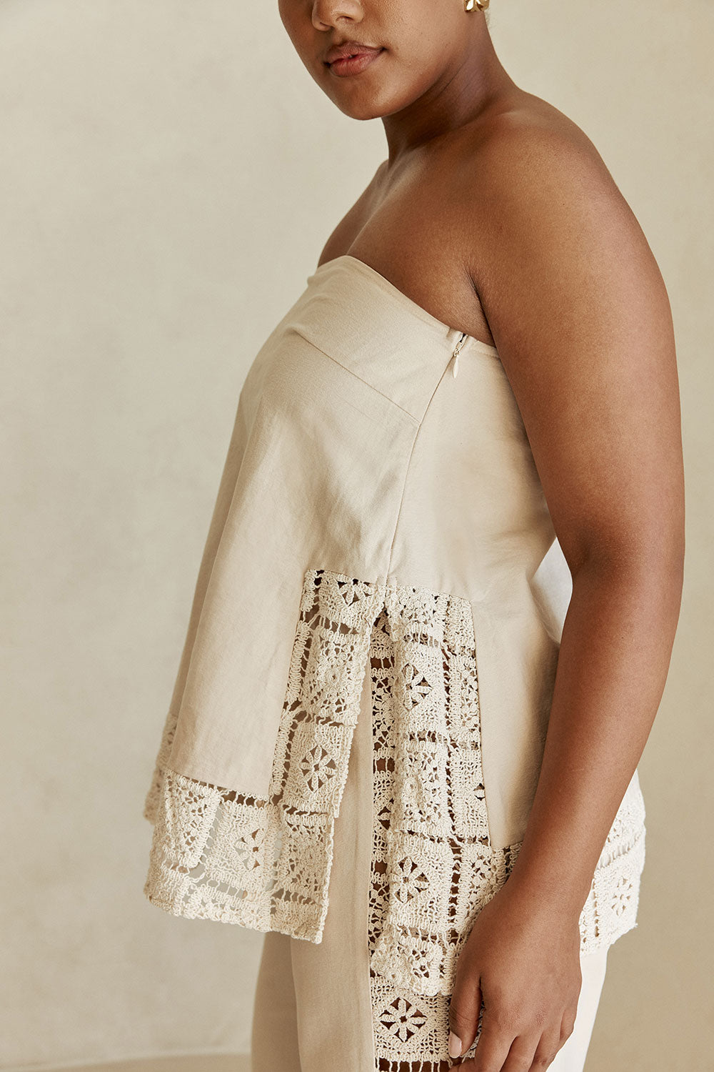 Beige Lace Panel Strapless Babydoll Reya Top – SABO