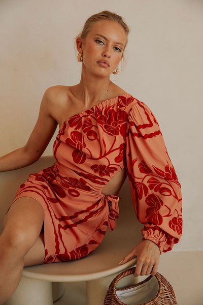Eila One-Shoulder Floral Mini Dress - Fiore Postcard Print in