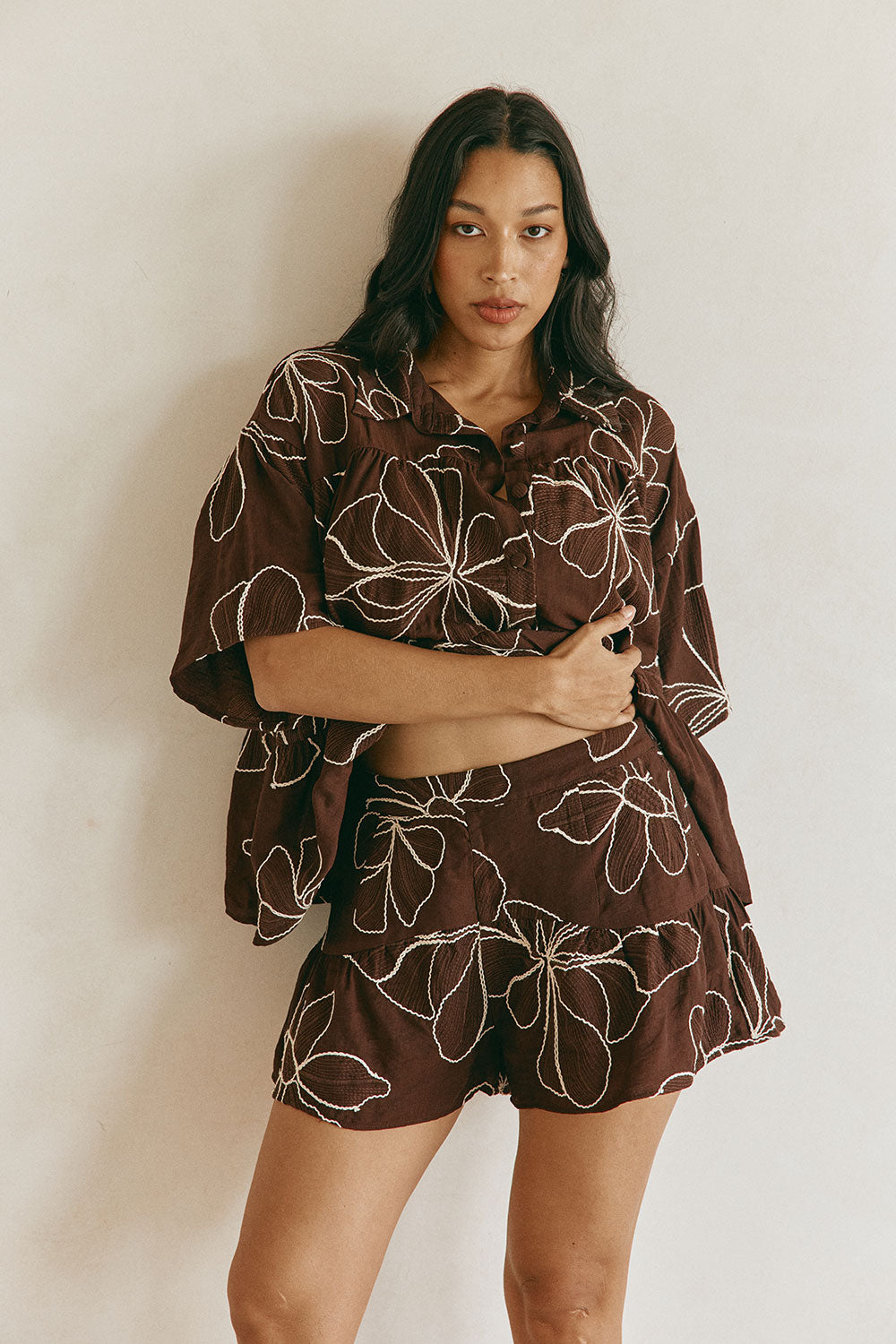 Chocolate Brown Floral Embroidered Luna Shorts – SABO