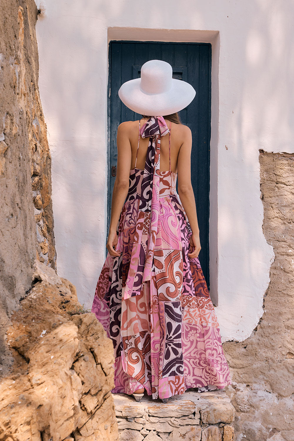Pink Mosaica Print Halter Backless Maxi Margot Pleated Dress