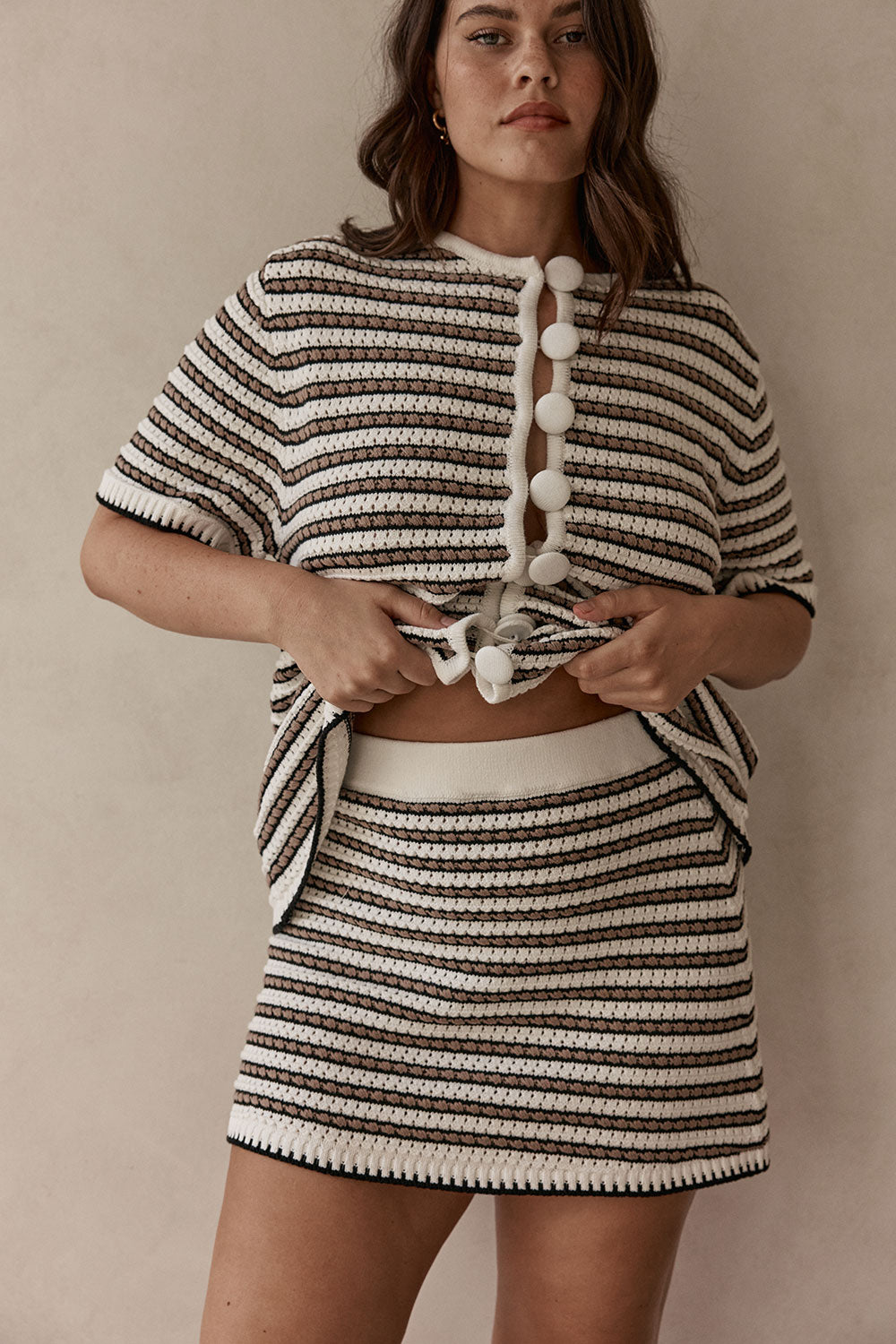 White and Brown Stripe Knit Mini Scottie Skirt – SABO