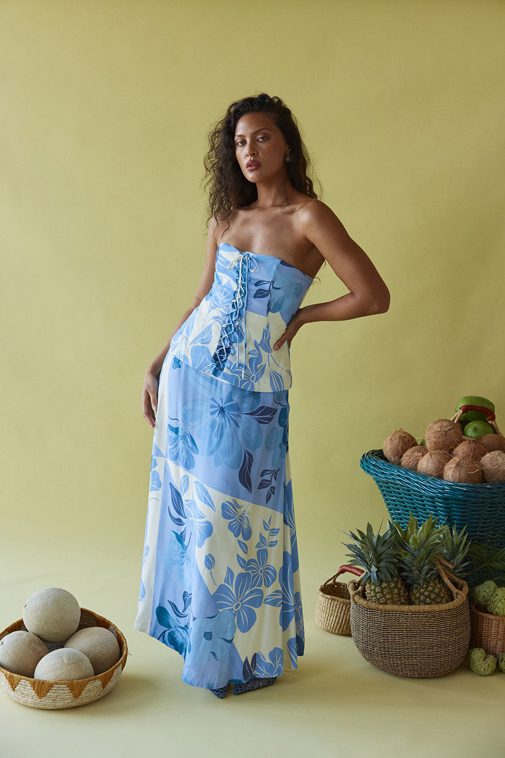Blue Azure Bloom Print Strapless Lace Up Maxi Mirae Dress L | by SABO Blue Azure Bloom Print Strapless Lace Up Maxi Mirae Dress L | by SABO