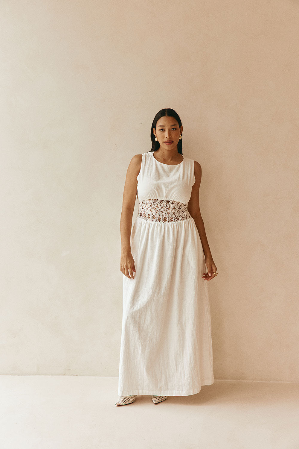 White Cotton Lace Gathered Maxi Cora Dress XXS | by SABO White Cotton Lace Gathered Maxi Cora Dress XXS | by SABO