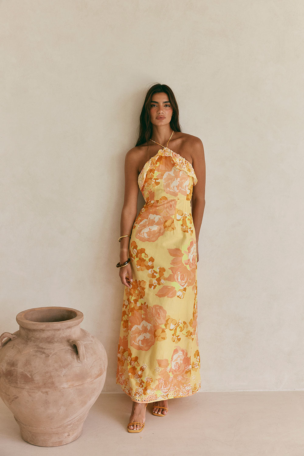 Alexa Backless Halterneck Maxi Dress - Orange, Yellow, White