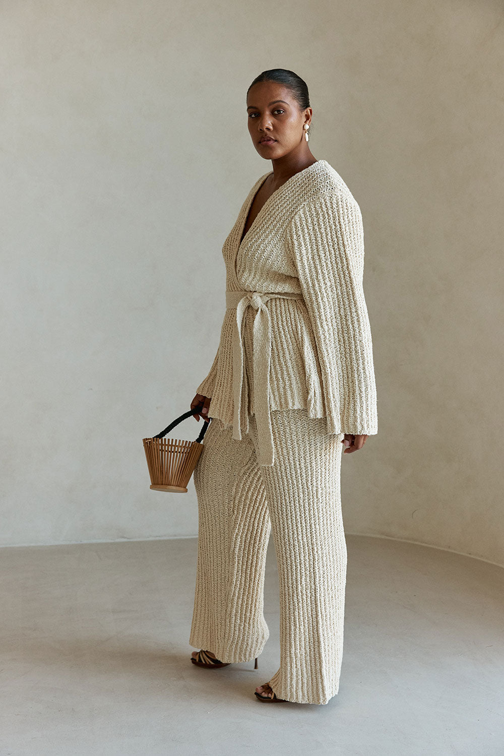 Cream Ribbed Knit Long Sleeve Wrap Noble Cardigan – SABO