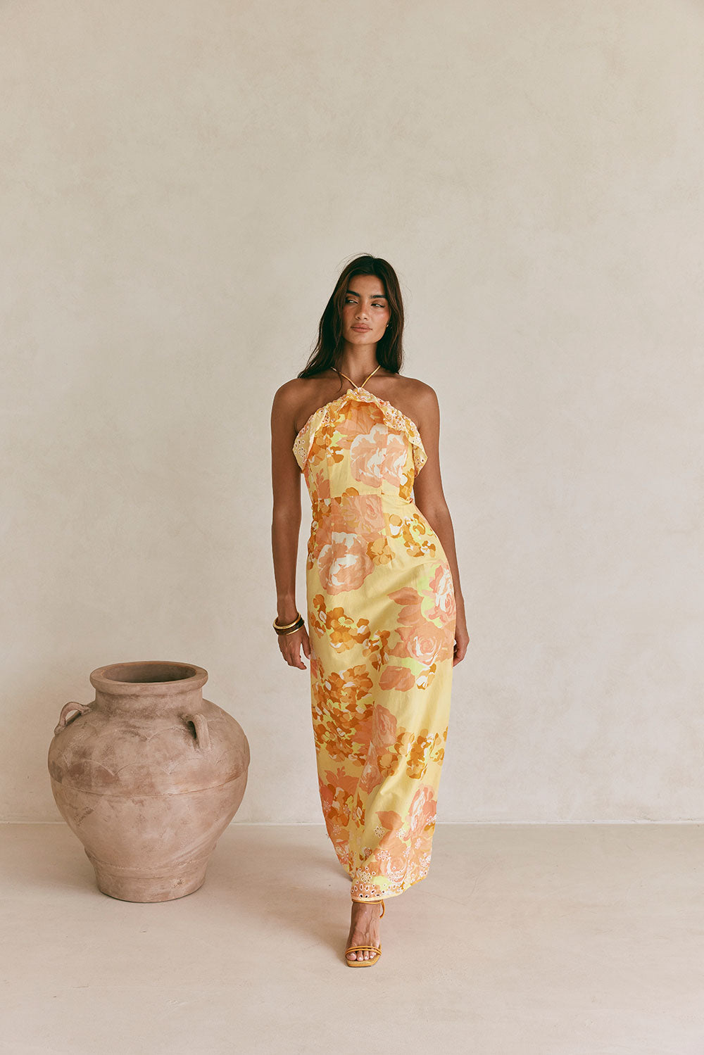 Alexa Backless Halterneck Maxi Dress - Orange, Yellow, White Breeze Floral  Print, Tropical  SABO
