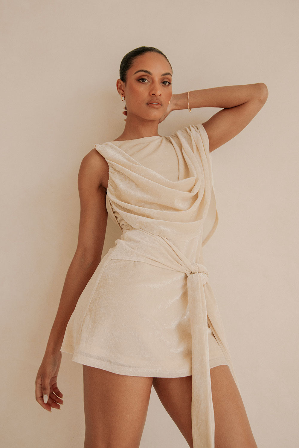 Beige Suede Plunge V Neck Tie Mini June Dress L | by SABO Beige Suede Plunge V Neck Tie Mini June Dress L | by SABO