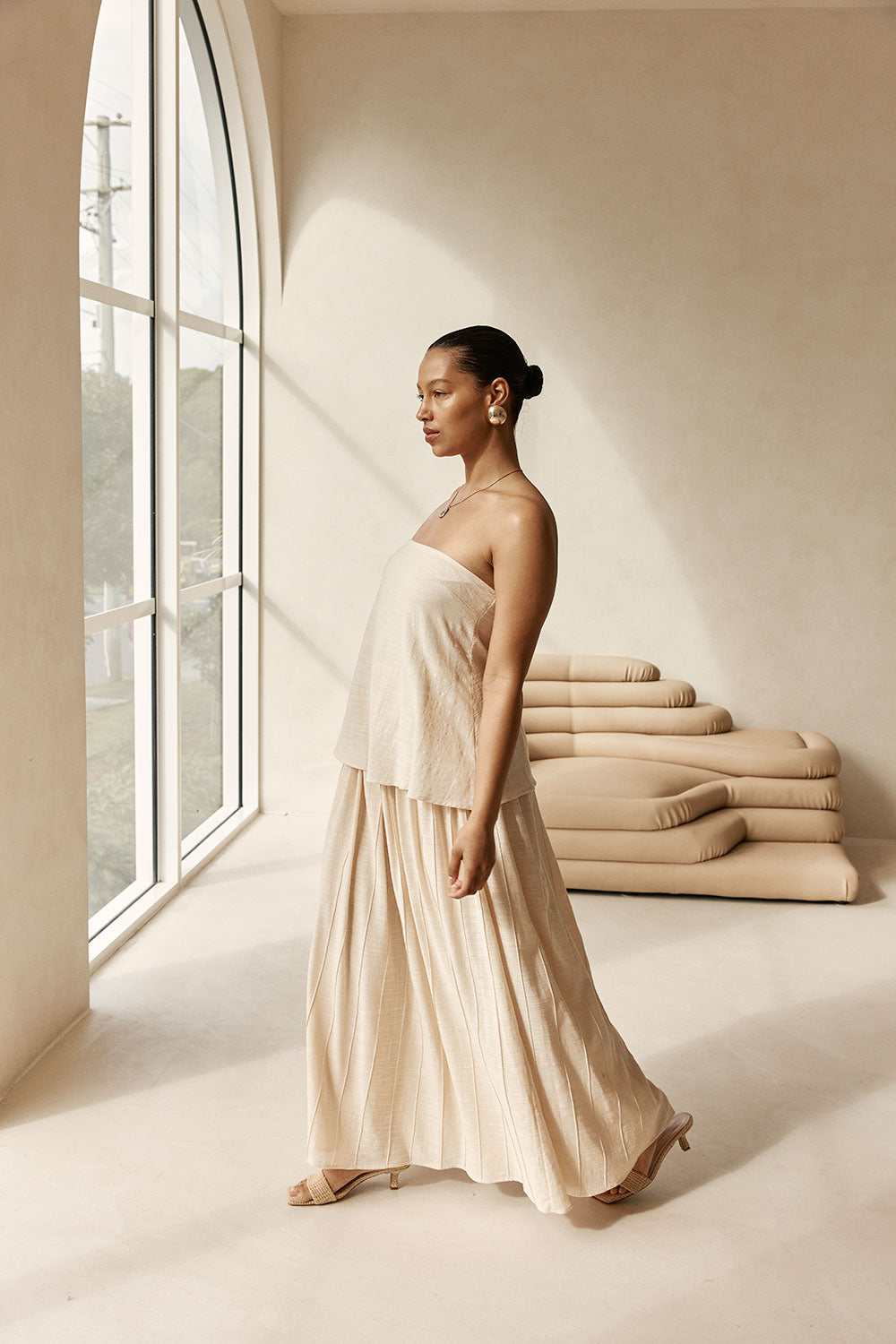 Beige Boxy Pleated Maxi Aviana Dress XS