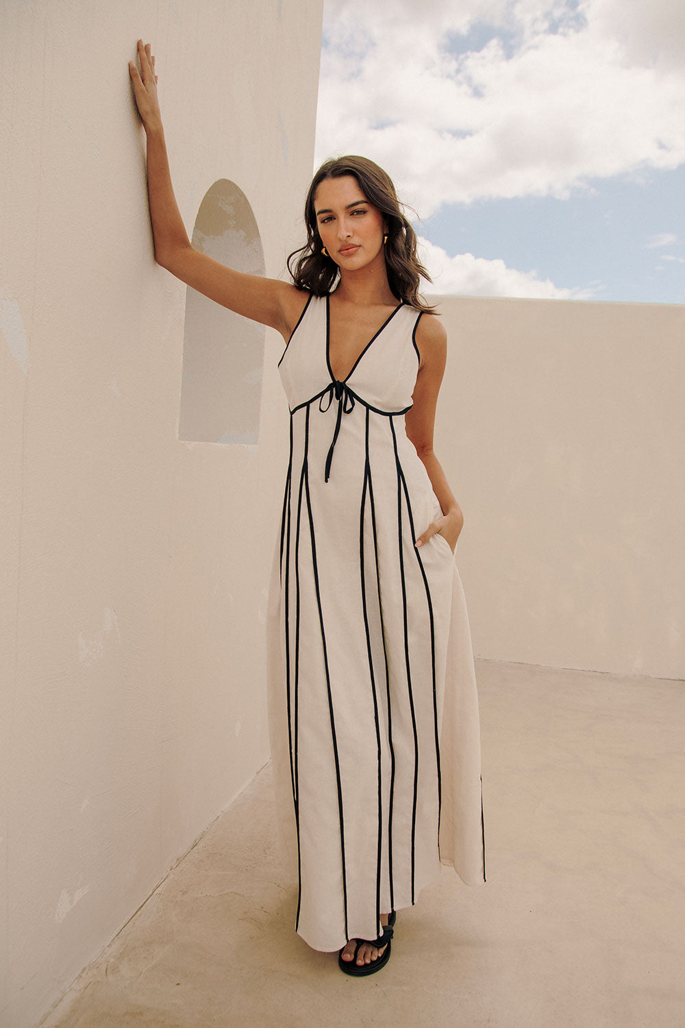 Maylin V Neckline Tie Maxi Dress - Cream, Black – SABO