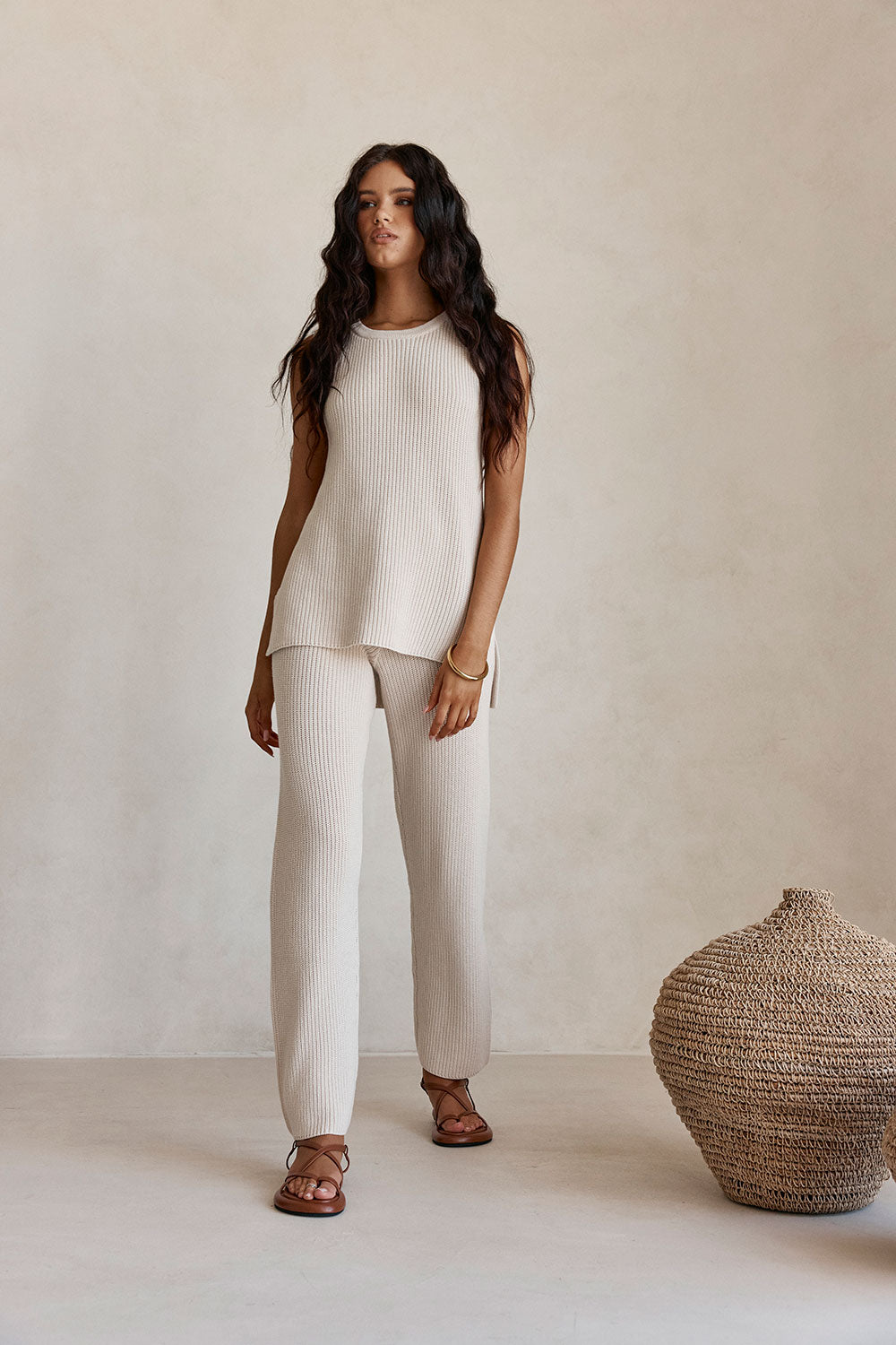 Beige Cotton Knit Elastic High Waist Maxine Pants – SABO