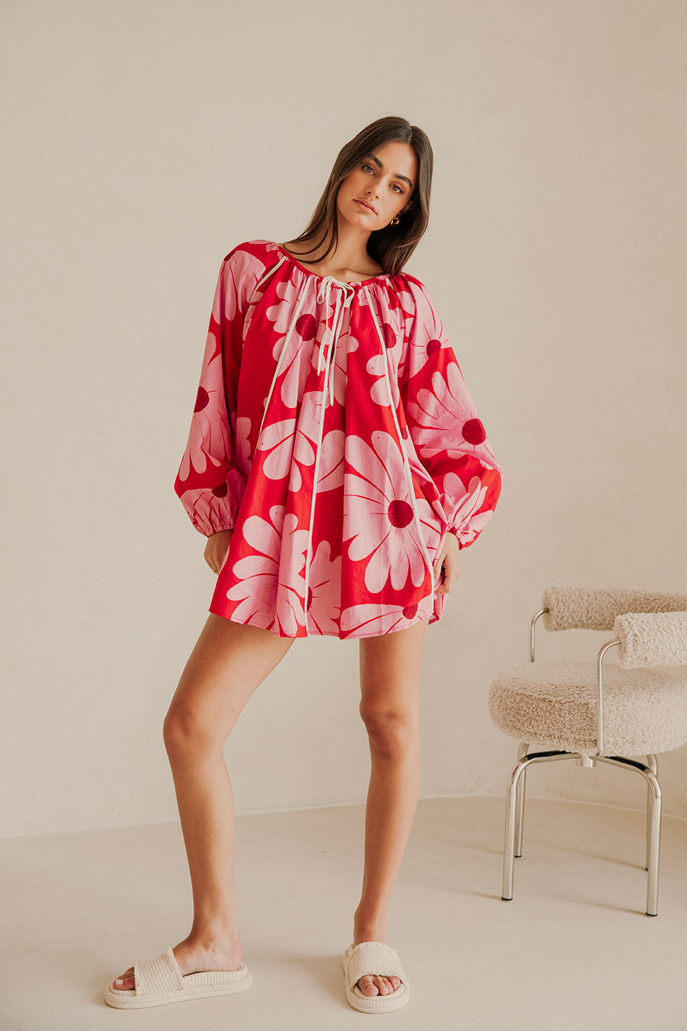 Veronica Flounce Long Sleeve Mini Dress - Pink White Daisy Red