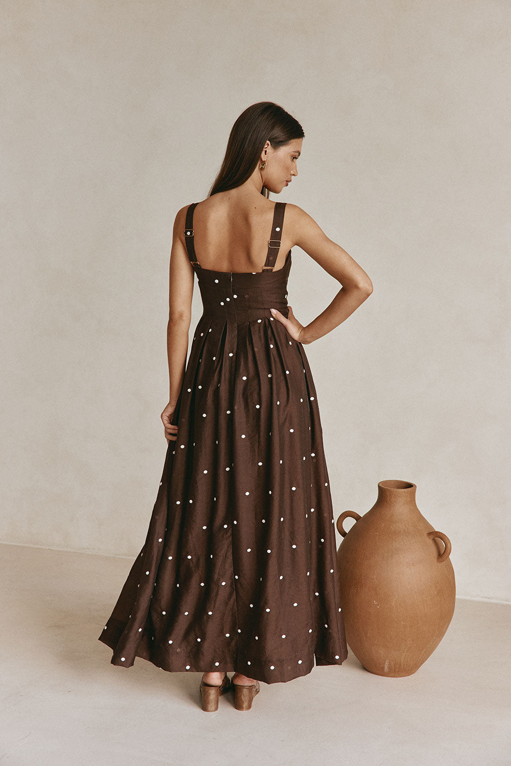 Chocolate Speck Polka Dot Pin Tuck Maxi Flores Dress – SABO