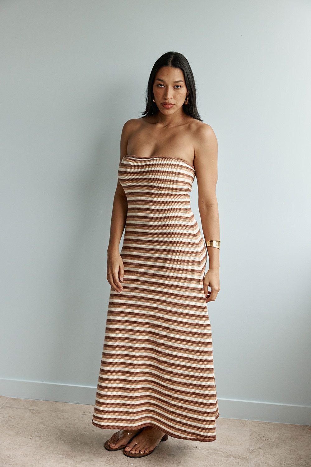 Earth Brown Stripe Strapless Maxi Bodycon Anya Dress – SABO