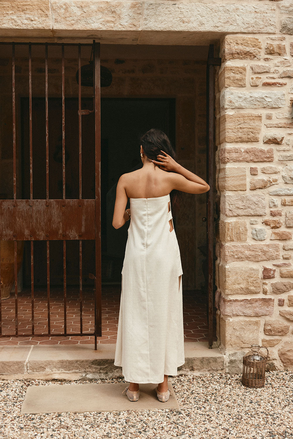 Beige Strapless Cut Out Side Split Maxi Belen Dress – SABO
