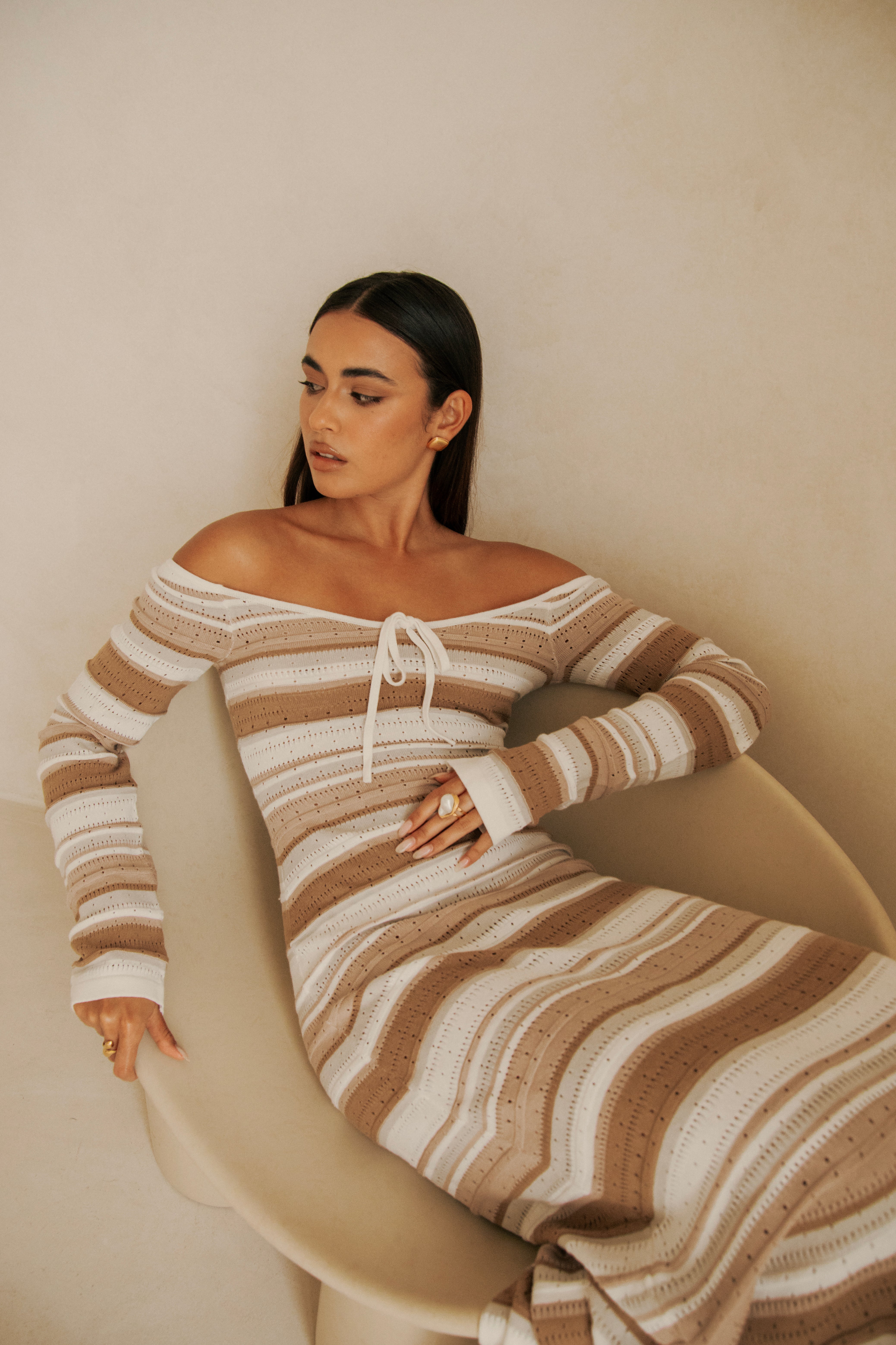Tameeka Knit Maxi Dress - Stripe White Brown Grey – SABO
