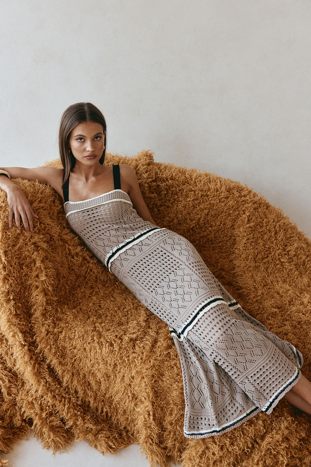 Tan Crochet Knit A Line Maxi Aliana Dress L