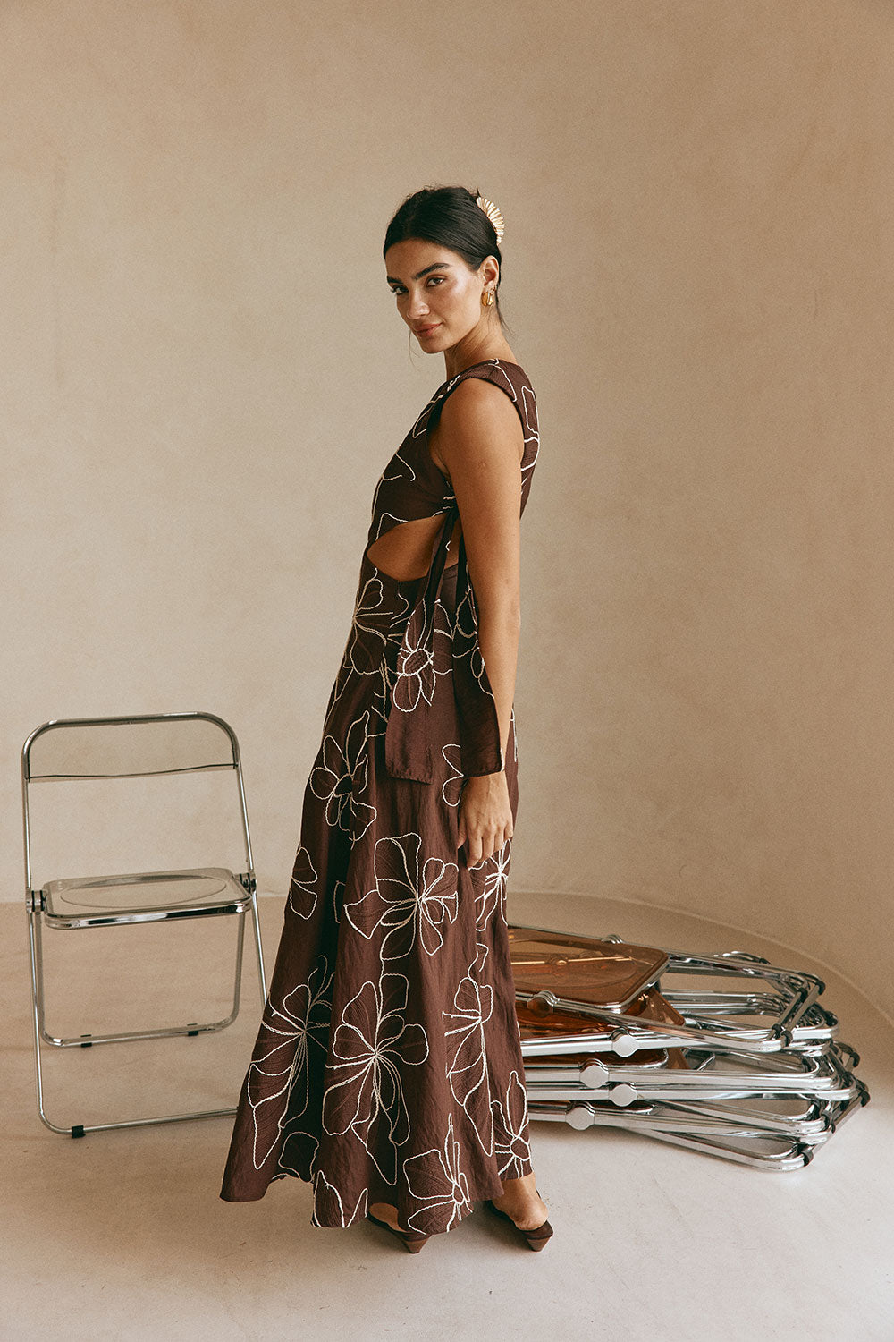Chocolate Brown Floral Embroidered Maxi Aurelia Dress – SABO