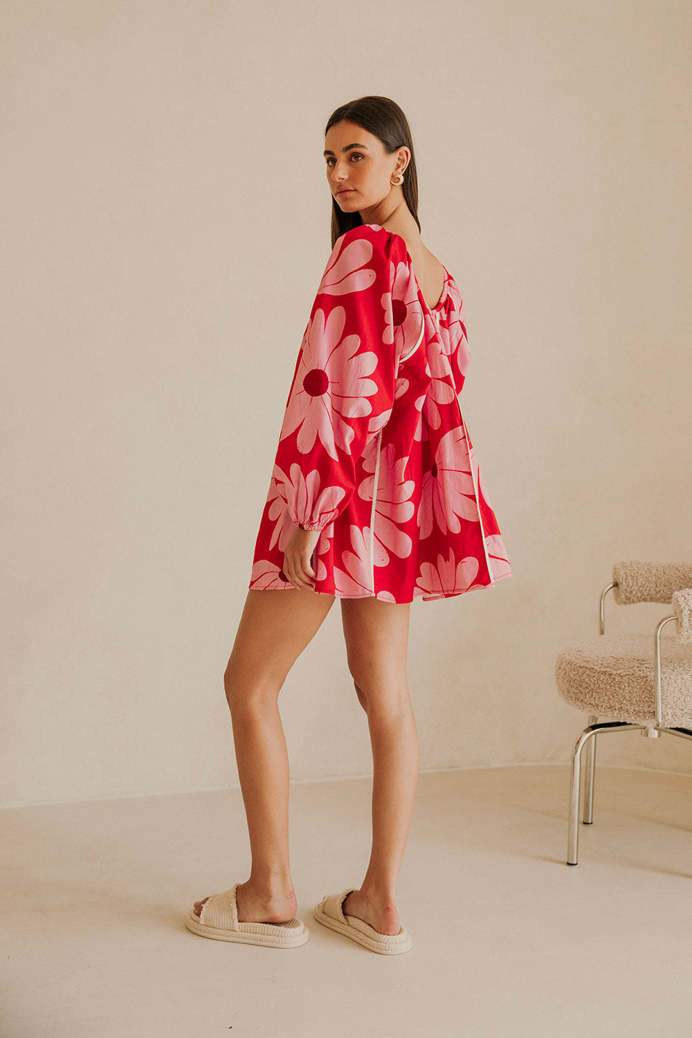 Veronica Flounce Long Sleeve Mini Dress - Pink White Daisy Red