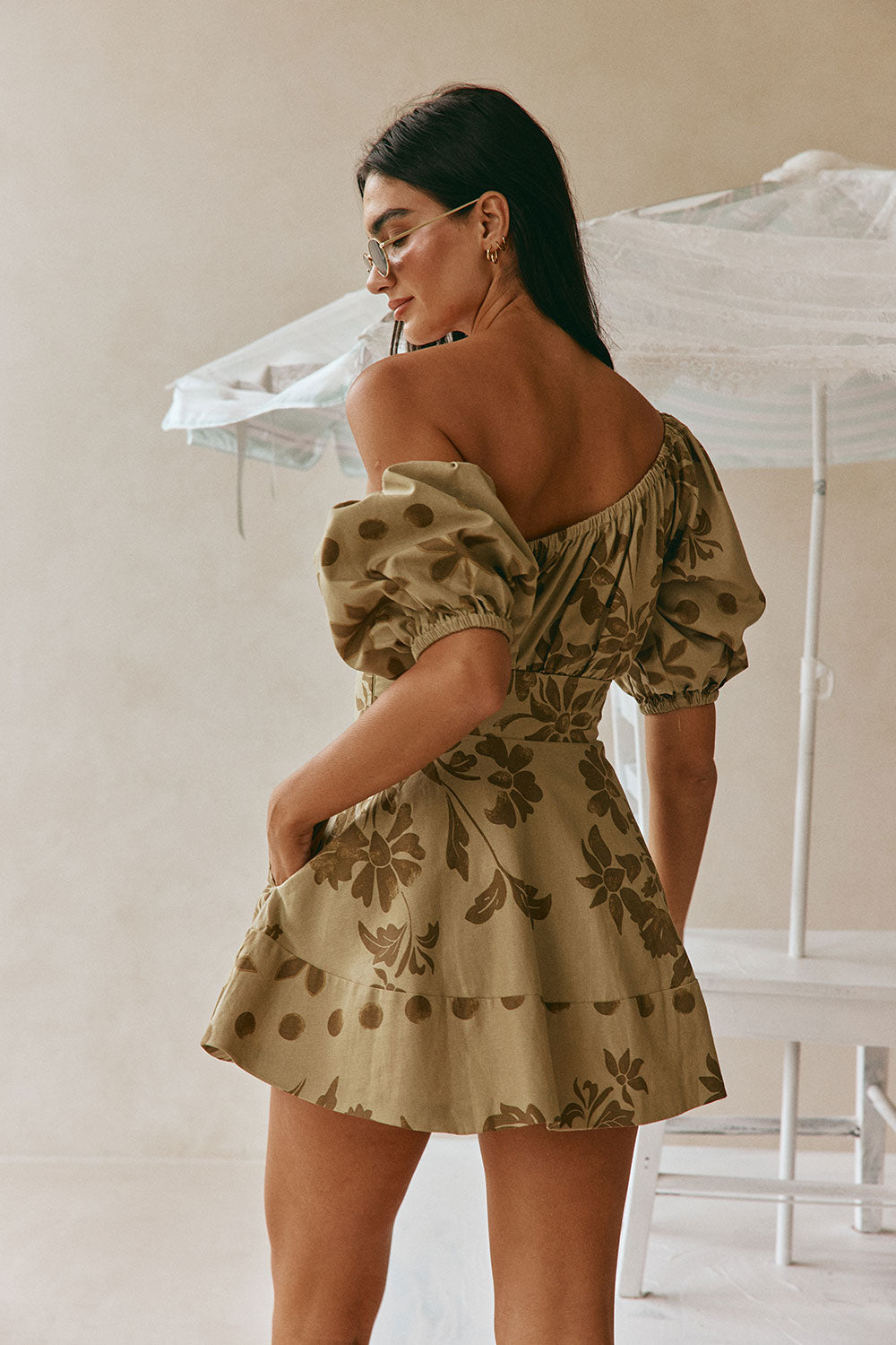 Ancienne Green Print Linen Puff Sleeve Mini Xana Dress – SABO
