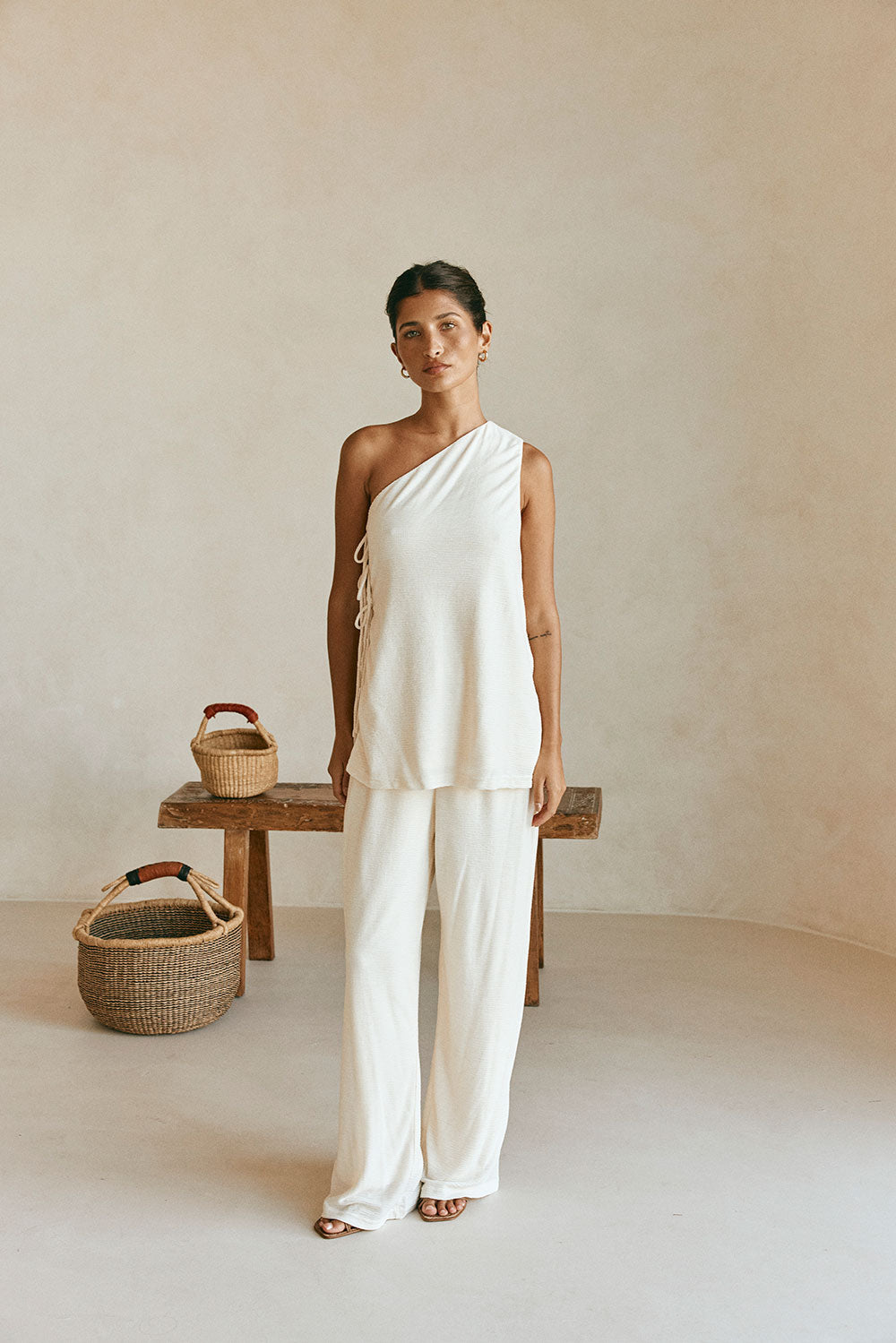 Cream One Shoulder Side Tie Zen Top – SABO