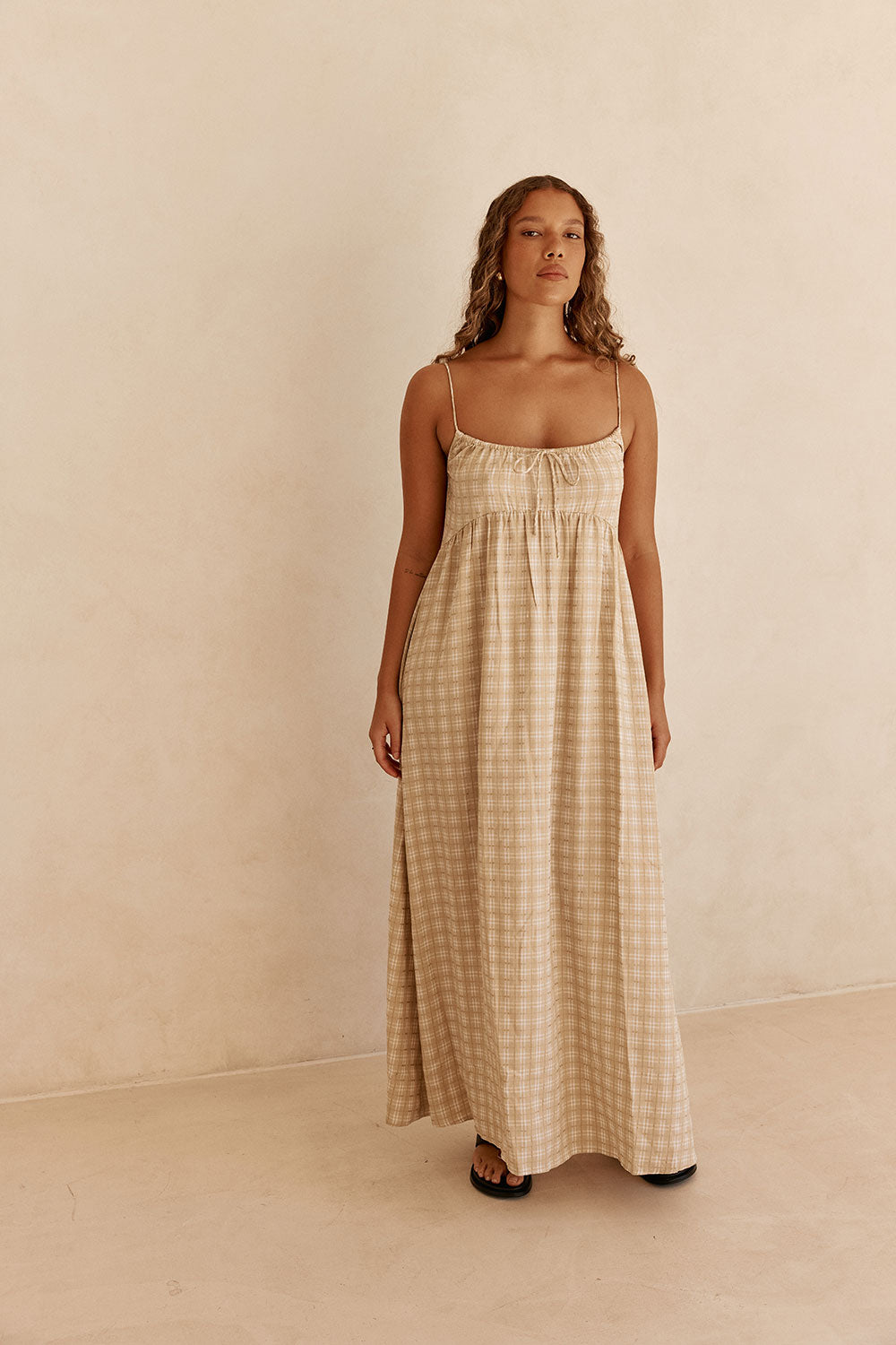 beige gingham dress Khaki Gingham Strappy Maxi Lissa Dress XL