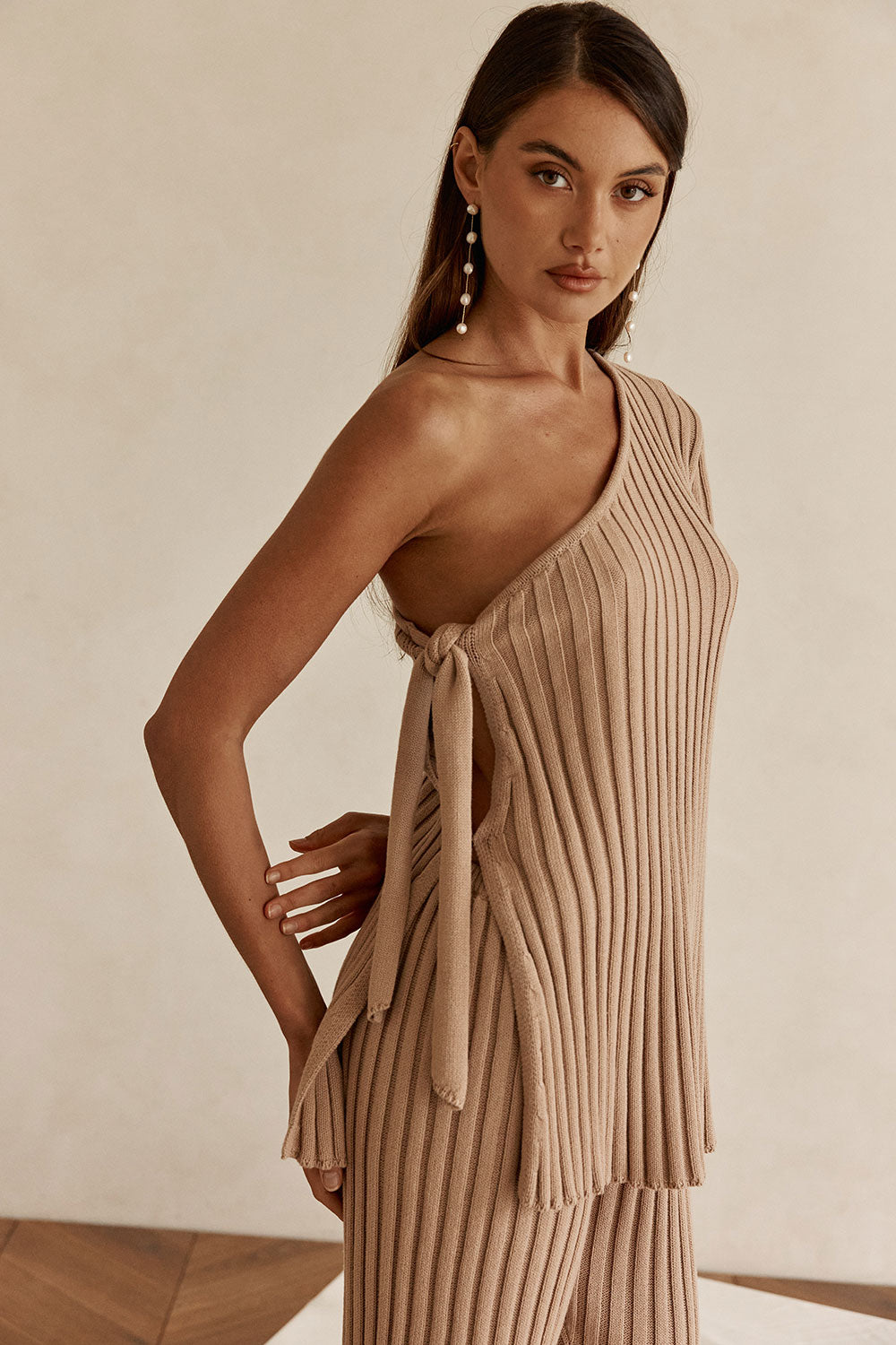 Tan Ribbed Knit One Shoulder Tie Neriah Top – SABO