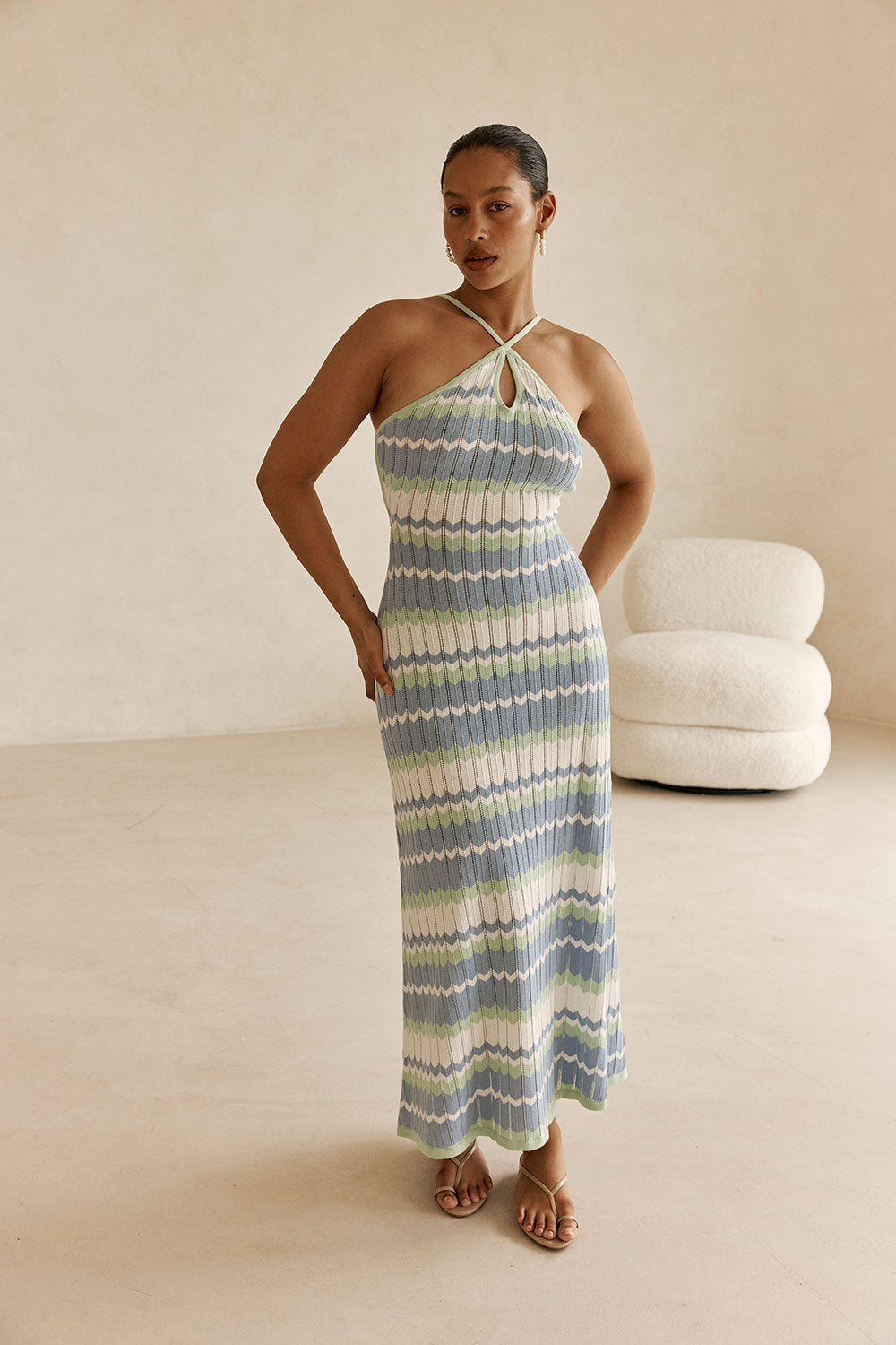 White Blue and Green Stripe Knit Halter Maxi Bexley Dress XL | by SABO White Blue and Green Stripe Knit Halter Maxi Bexley Dress XL | by SABO