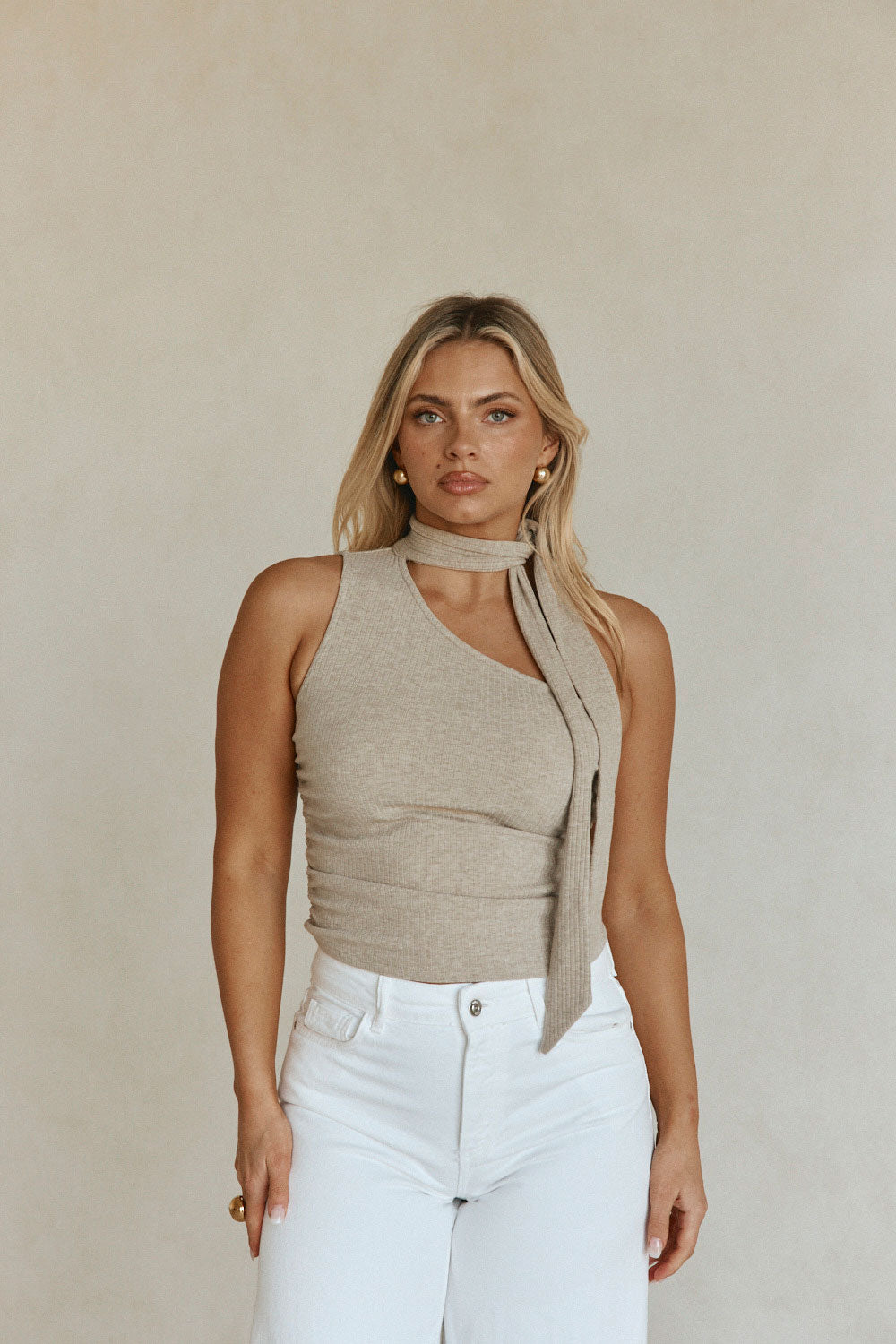 Beige Ribbed Asymmetric Neck Tie Mourno Top – SABO