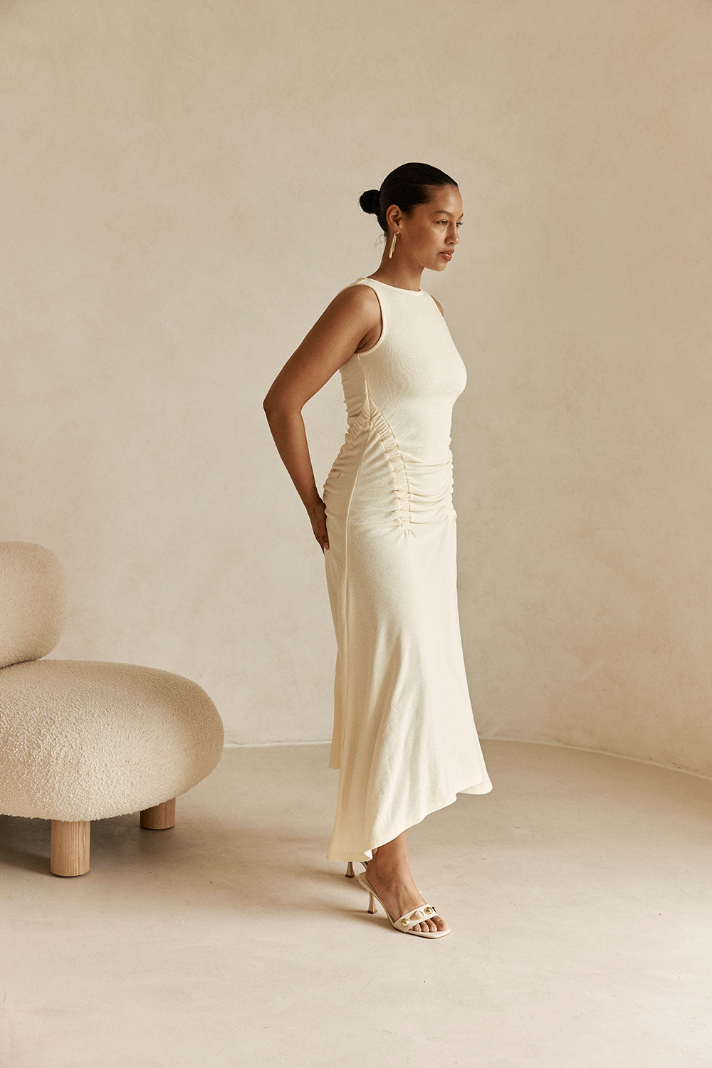 Cream Ruched Maxi Ema Dress XXS