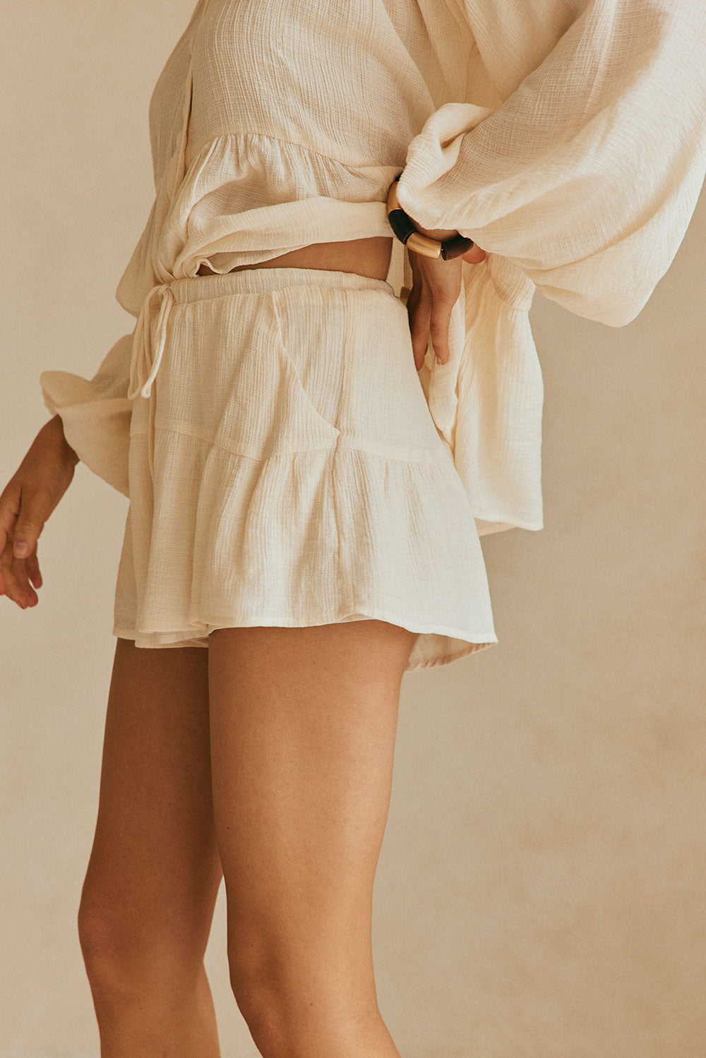 Cream High Waist Drawstring Panelled Huxley Shorts – SABO