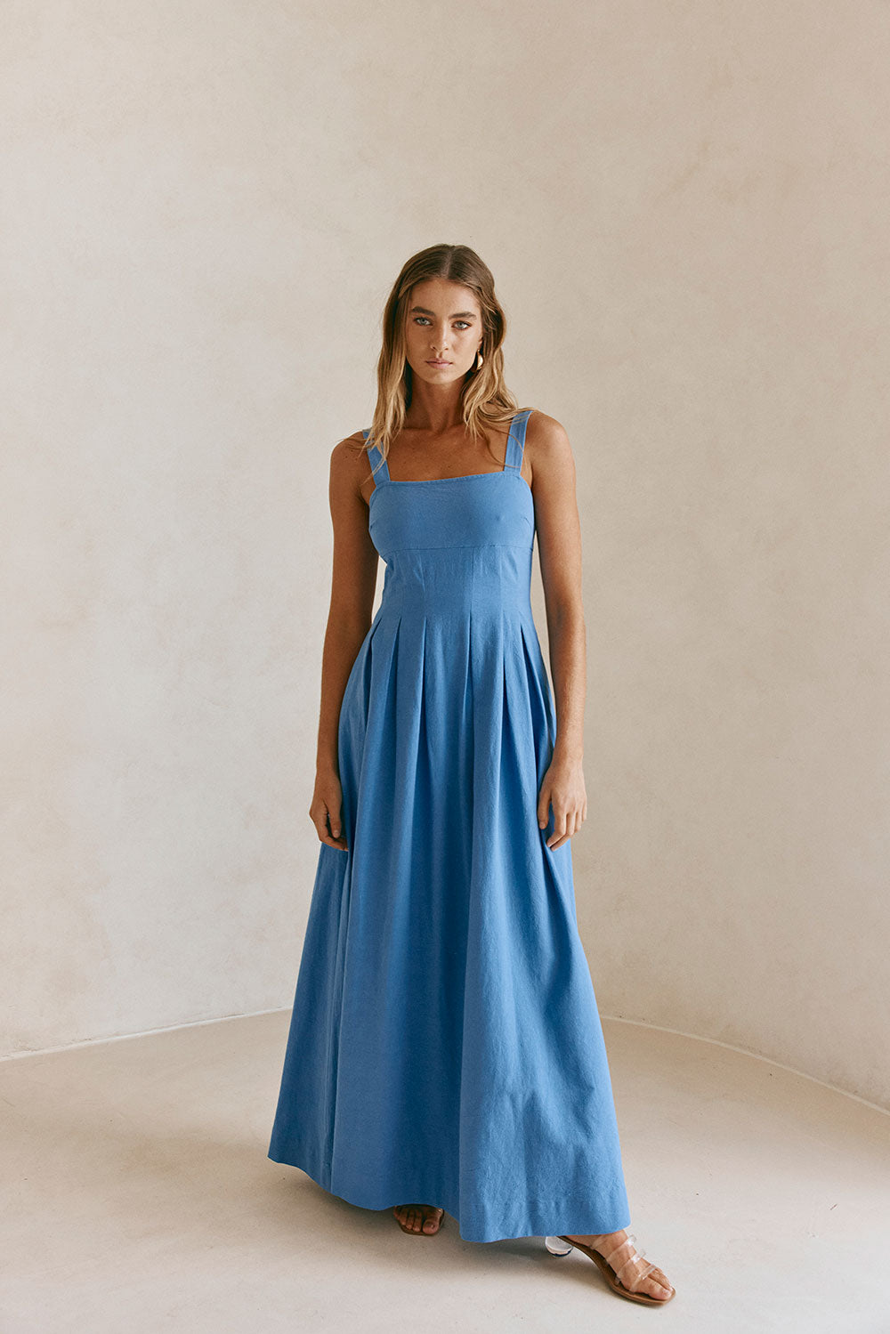 Blue Pleated Full Maxi Flore Dress XXS