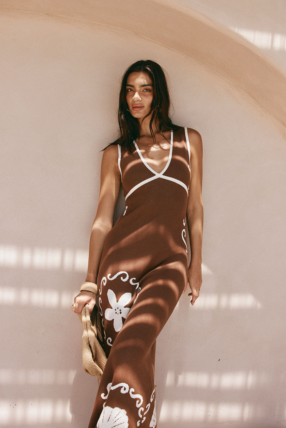 Emelia V Neckline Maxi Knit Dress - Brown, White – SABO