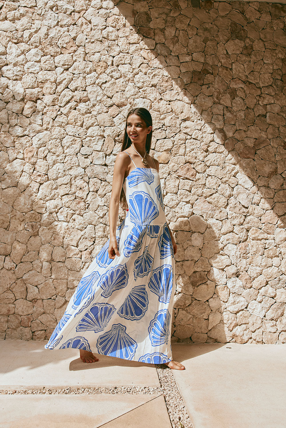 Bette Thin Strap Maxi Dress - Seashell Print, Blue, White – SABO