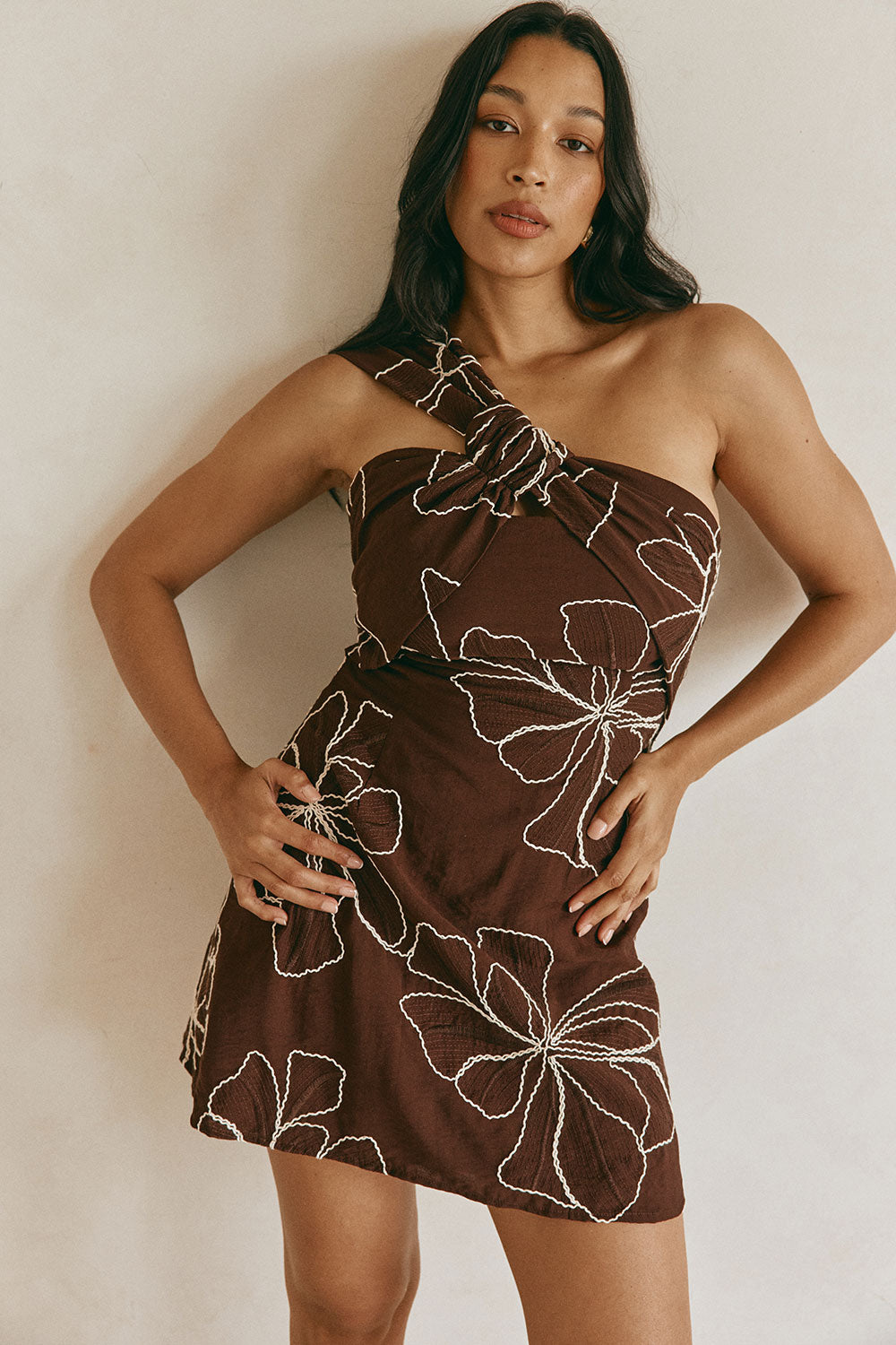 Chocolate Brown Floral Embroidery One Shoulder Mini Dimmi Dress – SABO