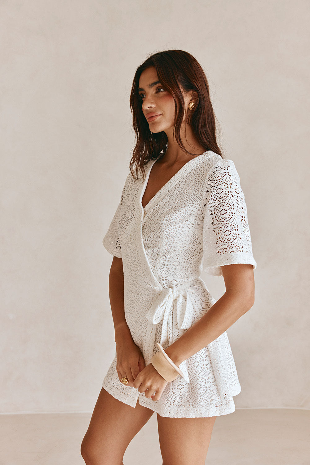 White Short Sleeve Wrap Mini Eliza Dress XS