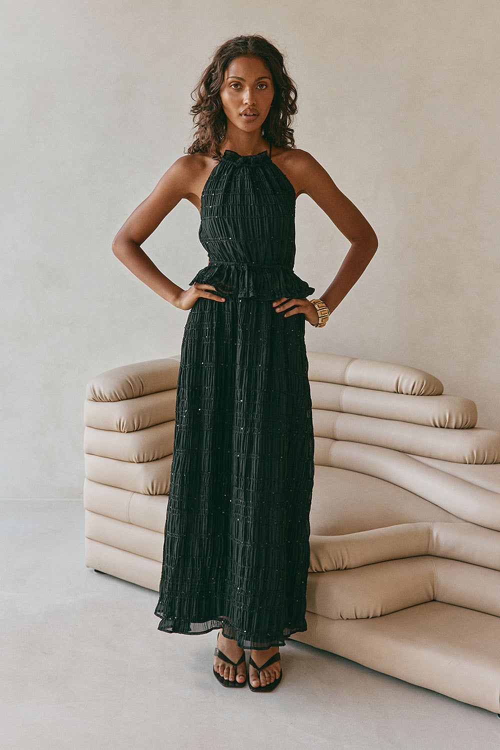 Black Gathered Halter Backless Maxi Cabo Dress L