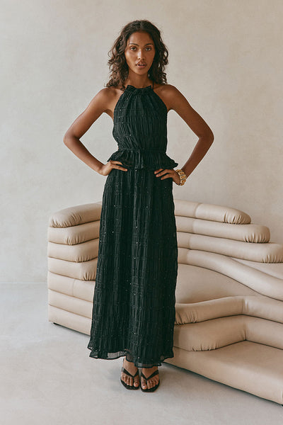 Black Gathered Halter Backless Maxi Cabo Dress L