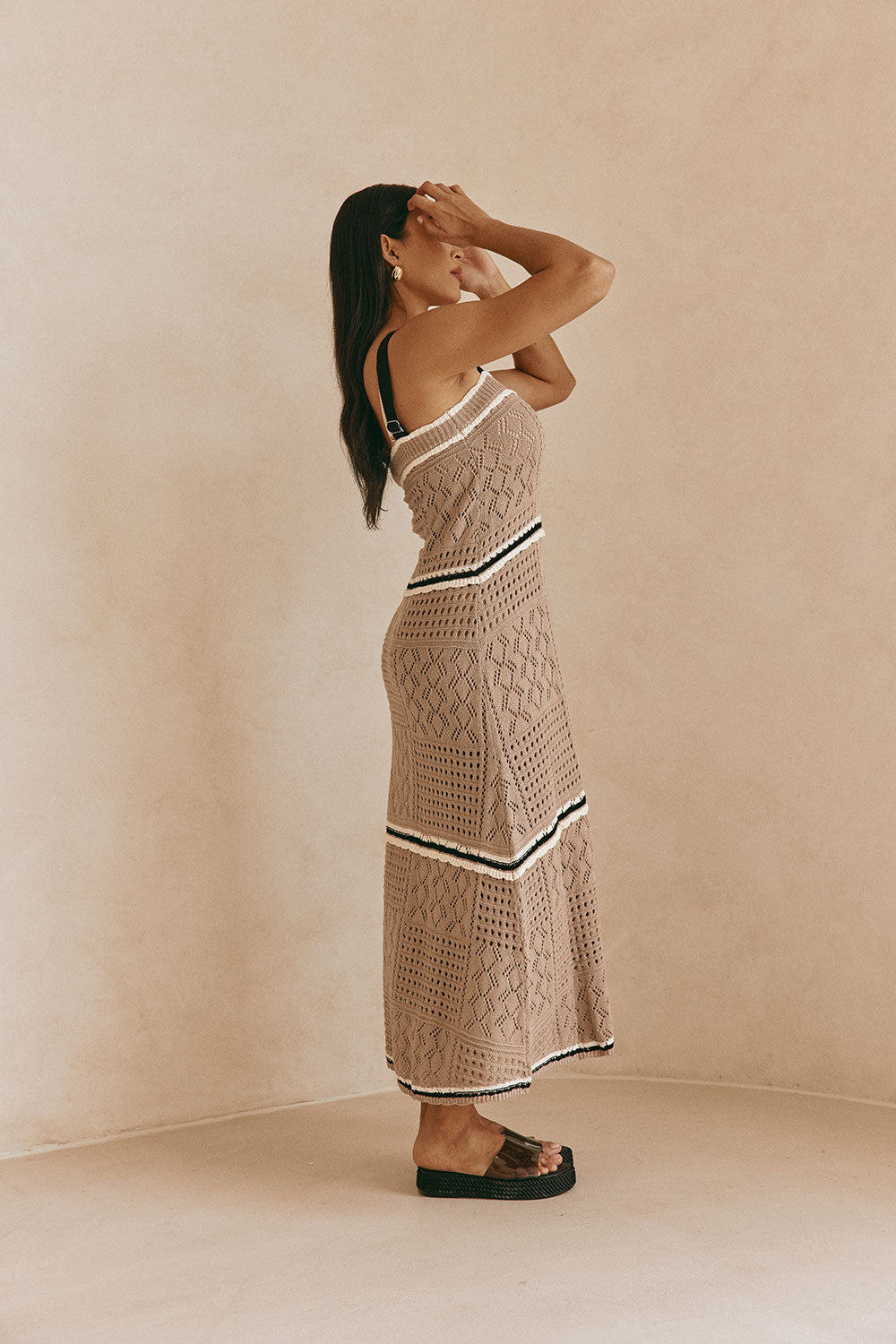 Tan Crochet Knit A Line Maxi Aliana Dress S | by Sabo Tan Crochet Knit A Line Maxi Aliana Dress S | by Sabo