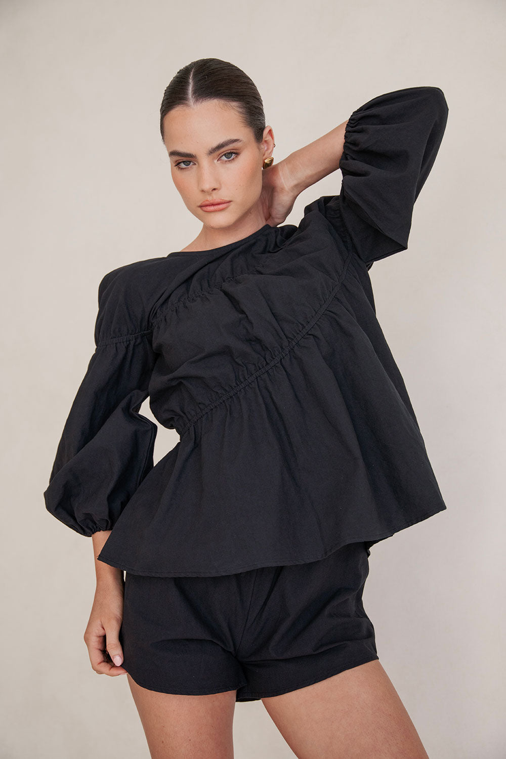 Black Long Sleeve Panelled Flounce Akel Top – SABO