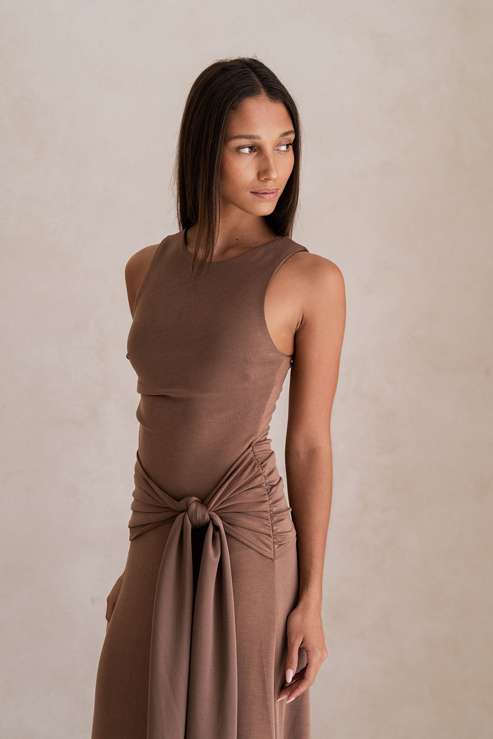 Chocolate Brown Waist Tie Maxi Soleia Dress XS