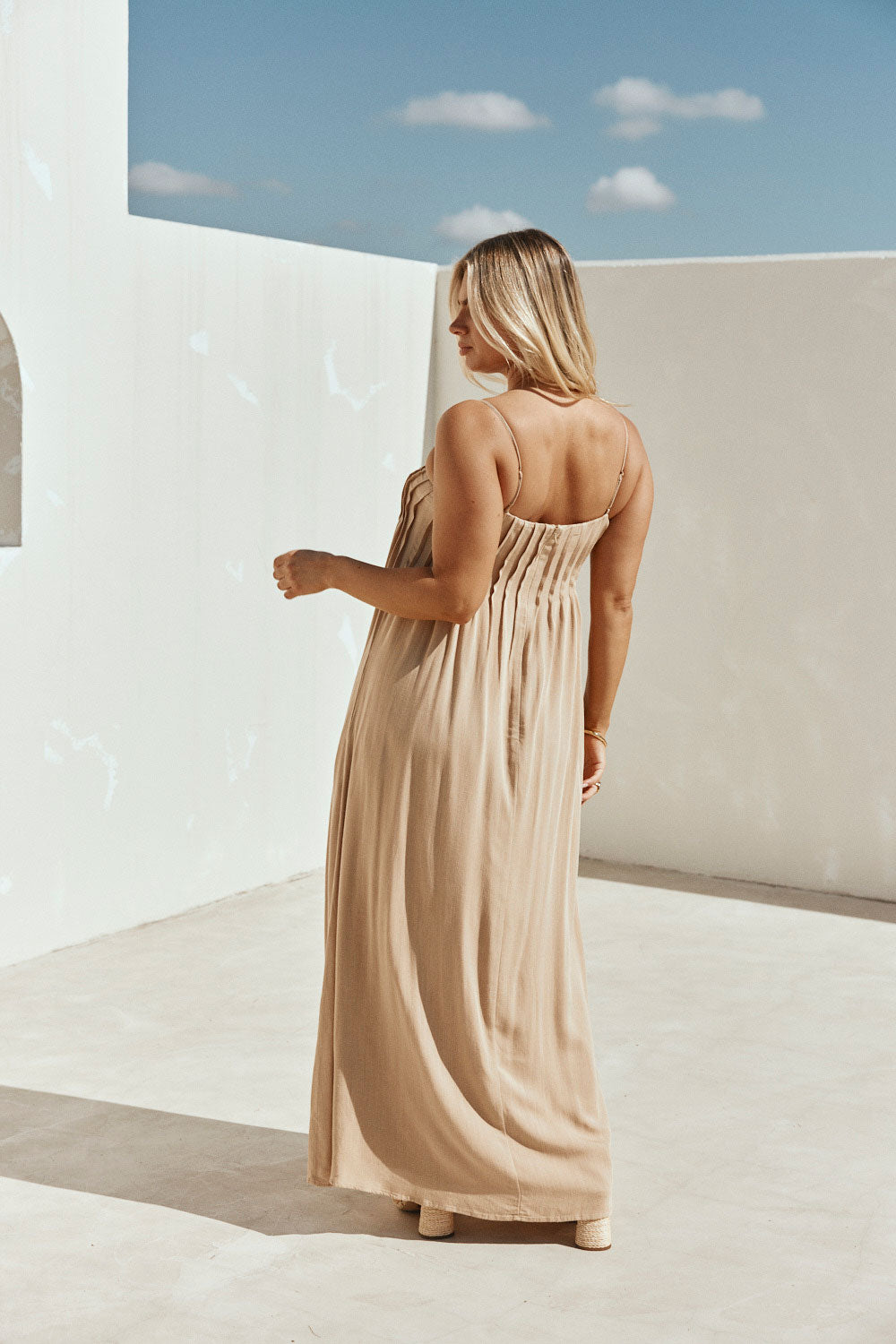 Tan Pin Tuck Pleat Maxi Ada Dress L