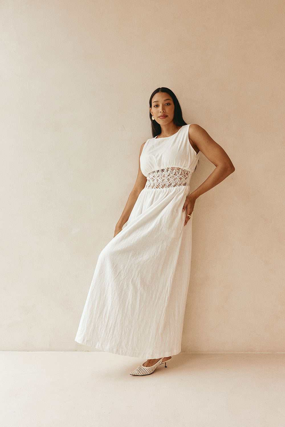 White Cotton Lace Gathered Maxi Cora Dress XXS