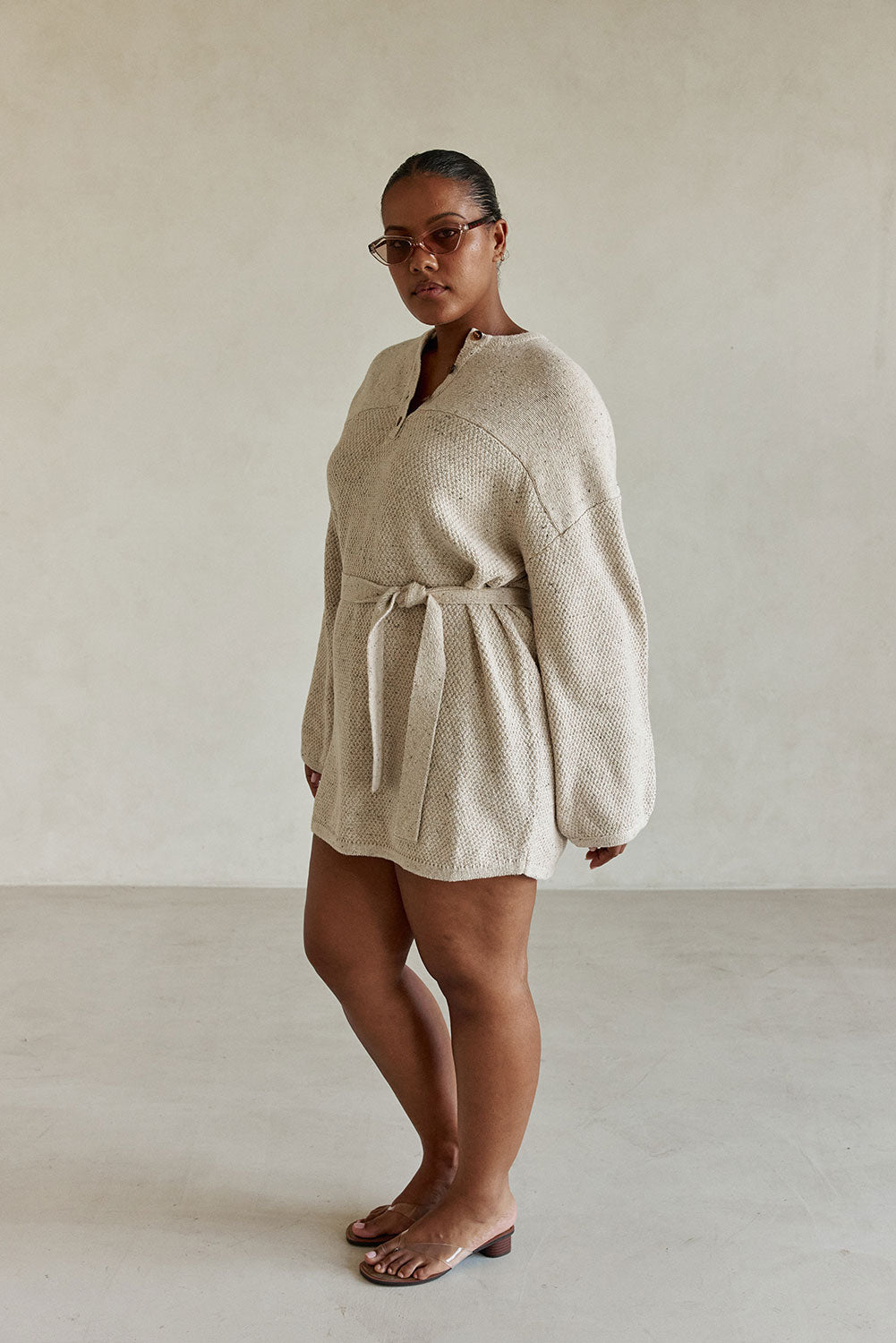 ワンピース ANDWANG Soft Ribbon Knit Dress Oatmeal Knit Long Sleeve Mini Avant Dress – SABO