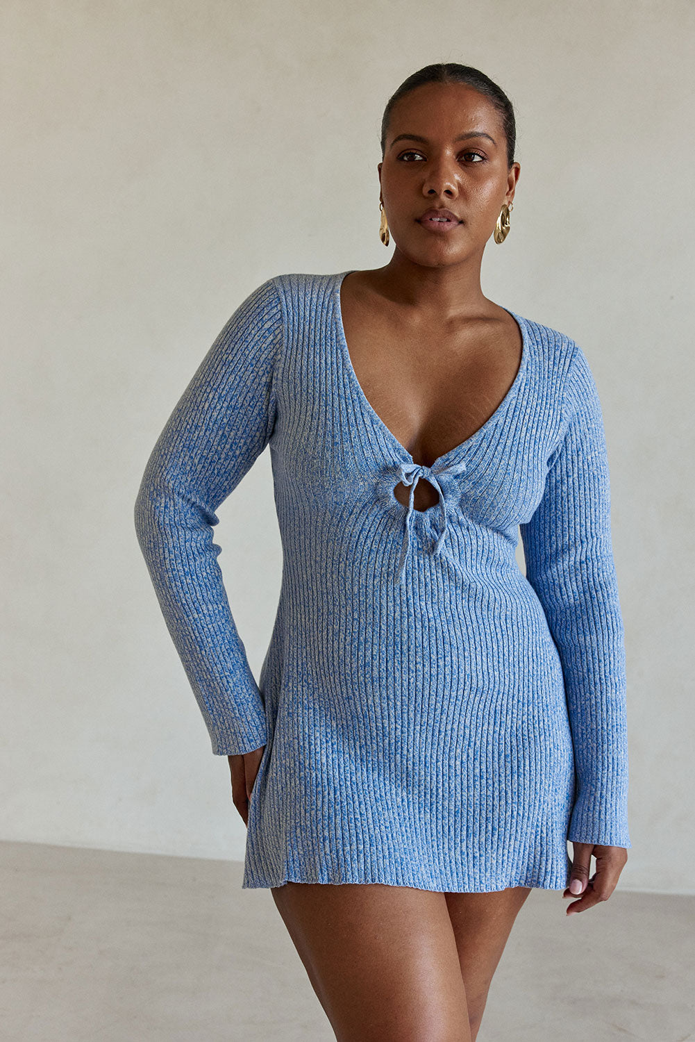 Blue Ribbed Long Sleeve Mini Brianna Dress S | by SABO Blue Ribbed Long Sleeve Mini Brianna Dress S | by SABO