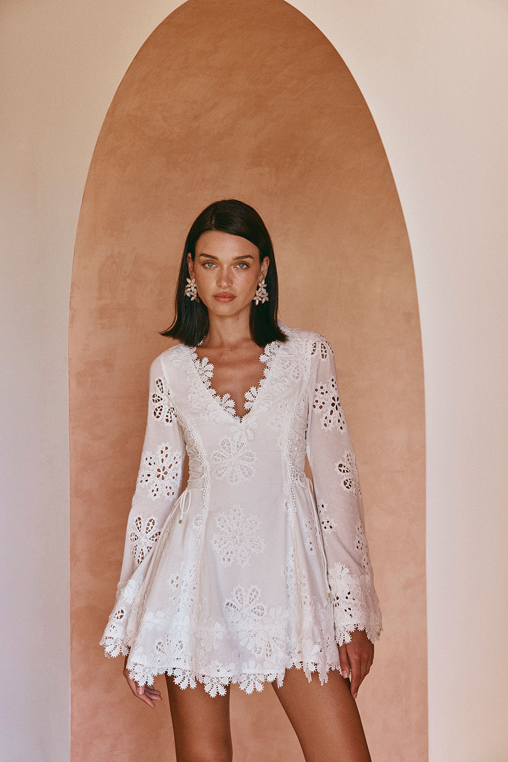 Simona Long Sleeve Embroidered Front Tie Mini Dress - Stella Marina Print - White Simona Long Sleeve Embroidered Front Tie Mini Dress - Stella Marina Print - White