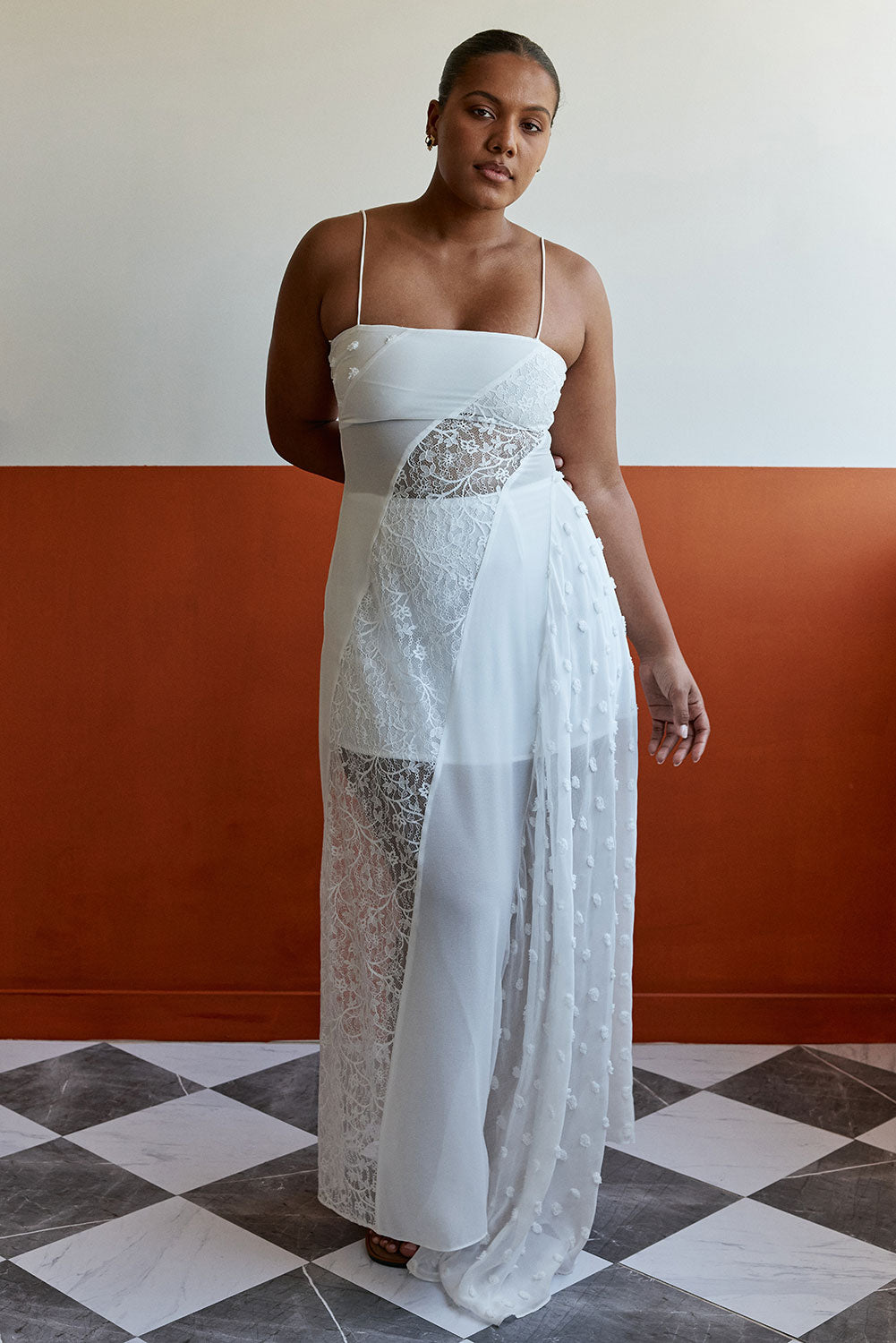 Bridal White Sheer Lace Flared Maxi Dune Dress XXS